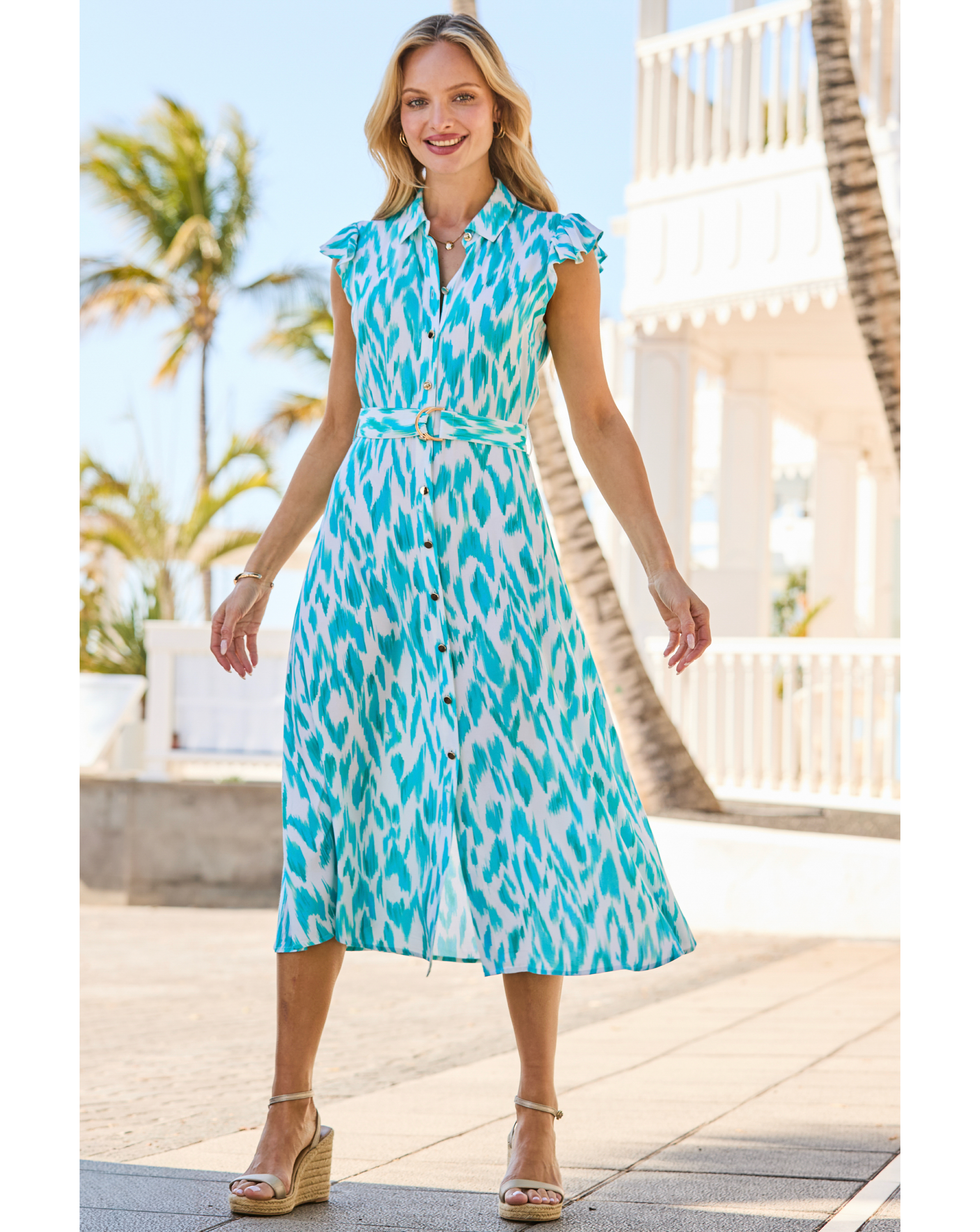 New In - Sosandar Blue Ikat Ruffle Shirt Dress