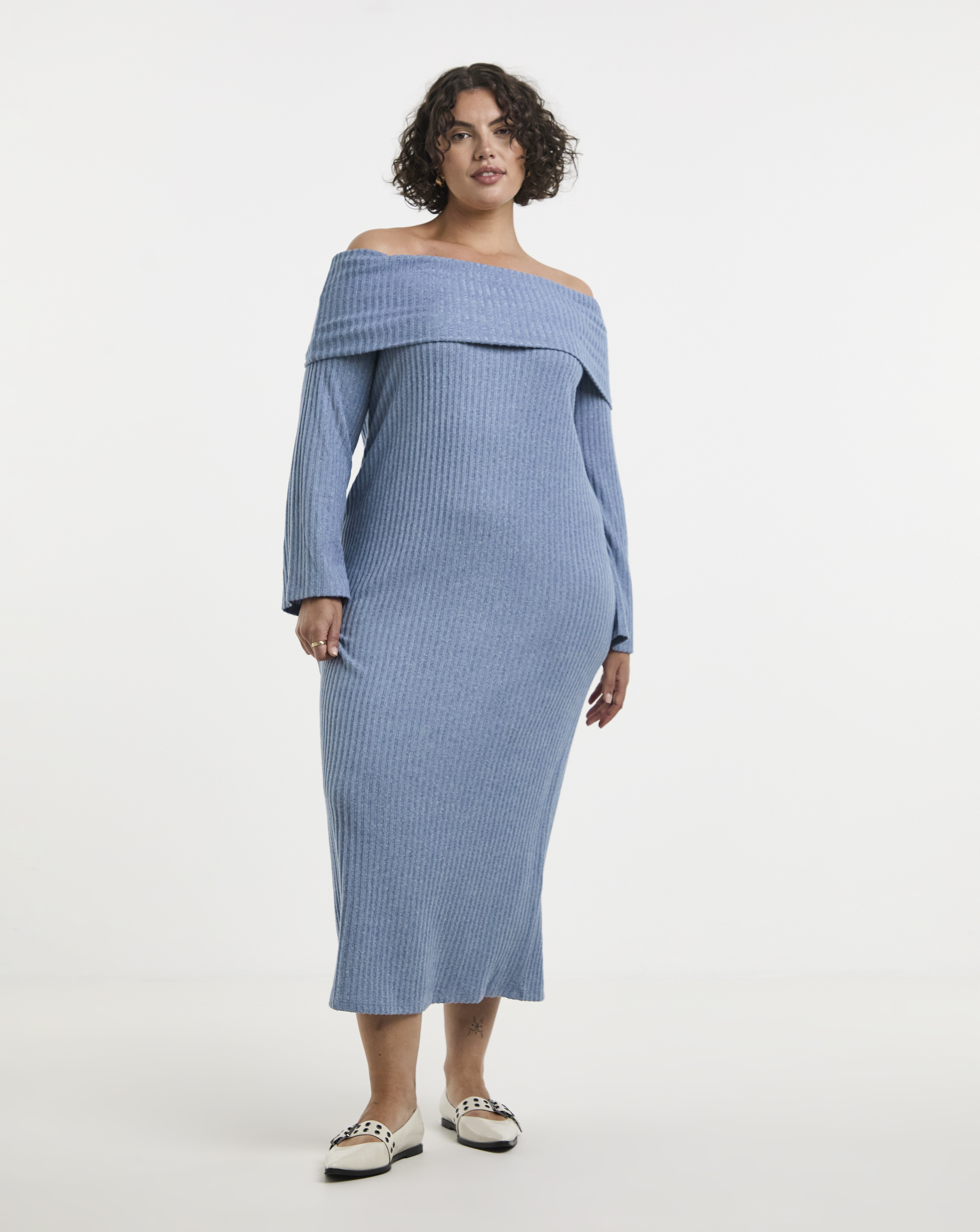 Simply Be - Women's Blue Cosy Rib Bardot Maxi Dress - Size 20 - Blue - 71% Viscose 26% Polyester 3% Elastane