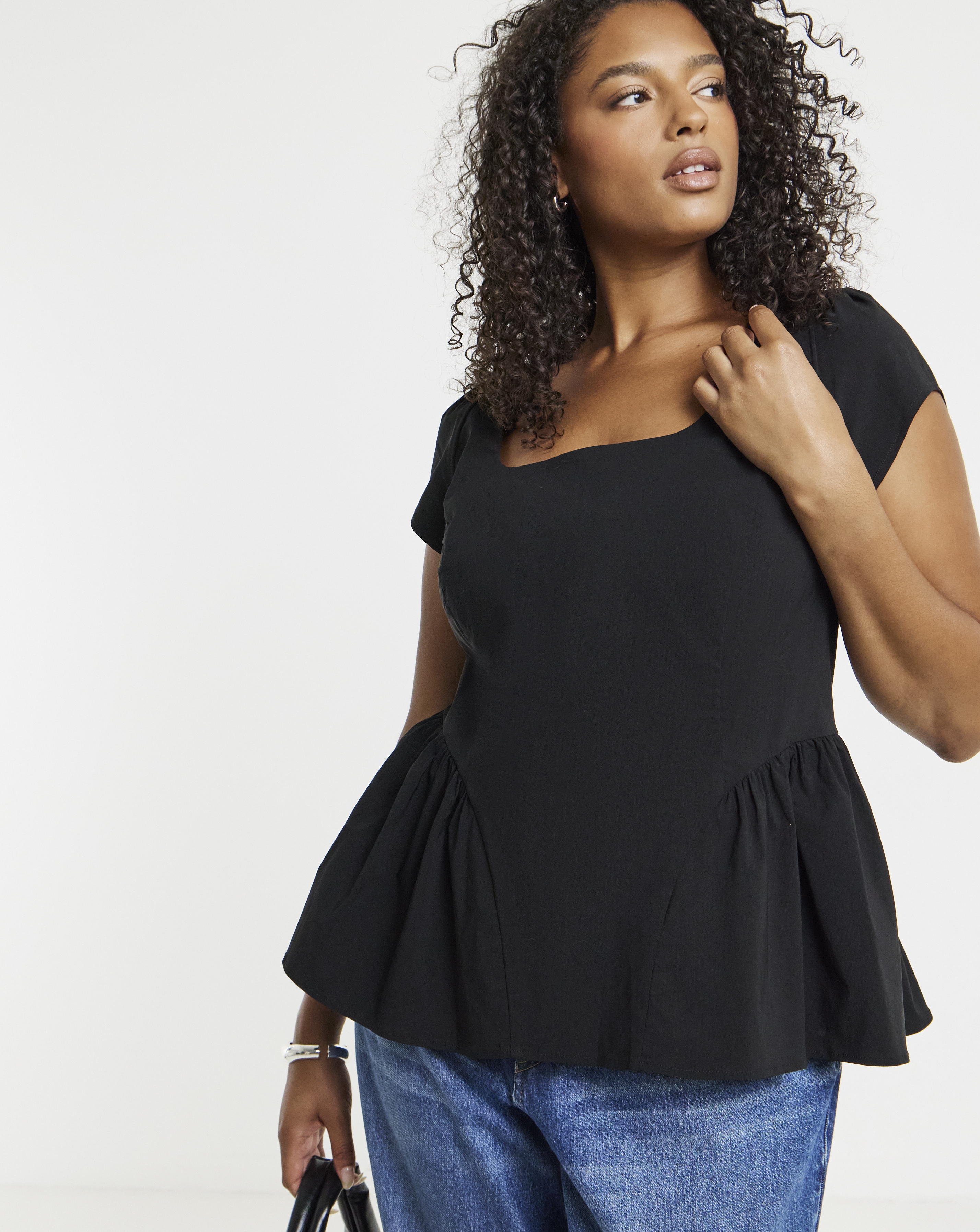 New In - Black Peplum Seam Detail Top