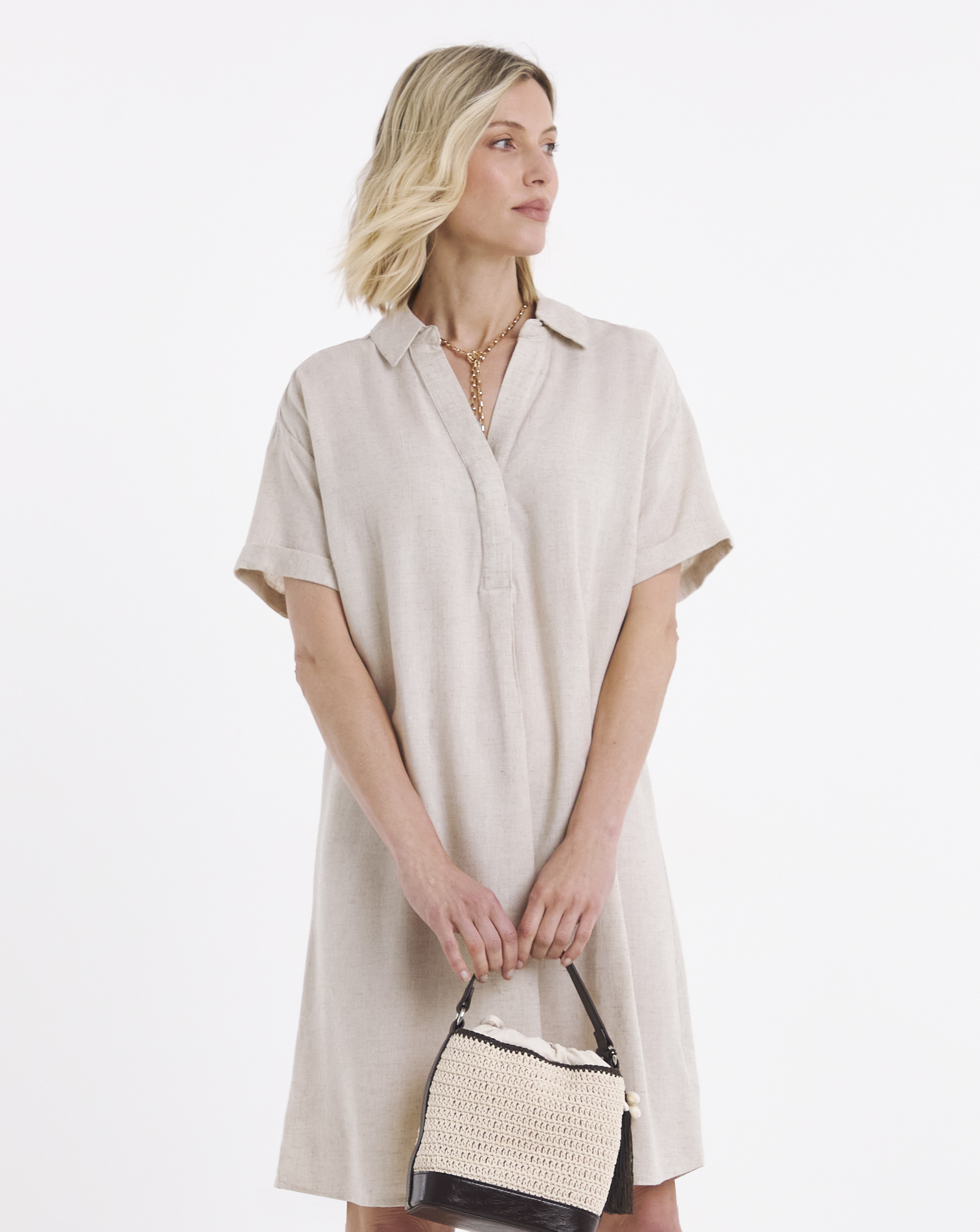 Linen Mix Collared Tunic Dress
