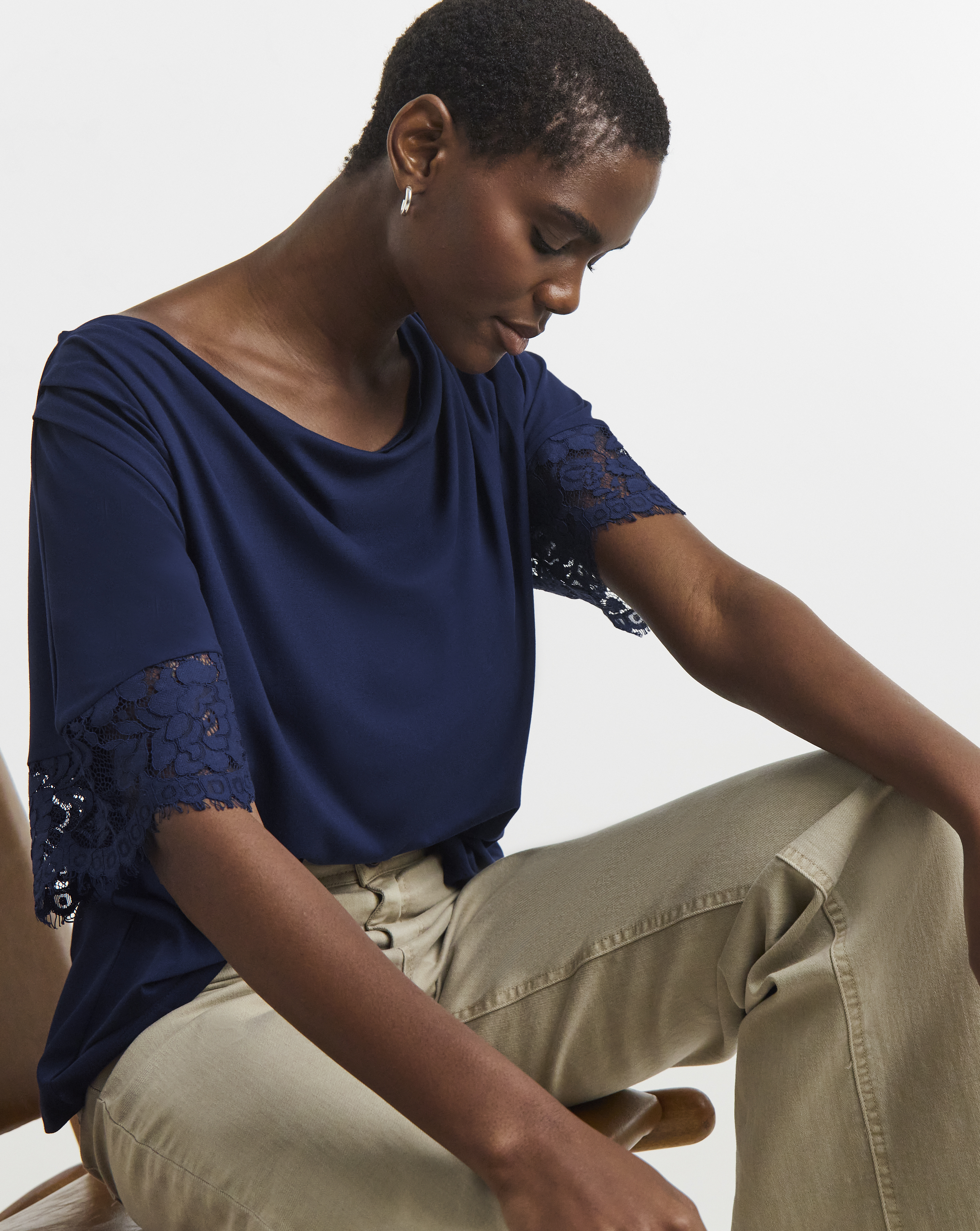 New In - Drape Neck Lace Trim Top