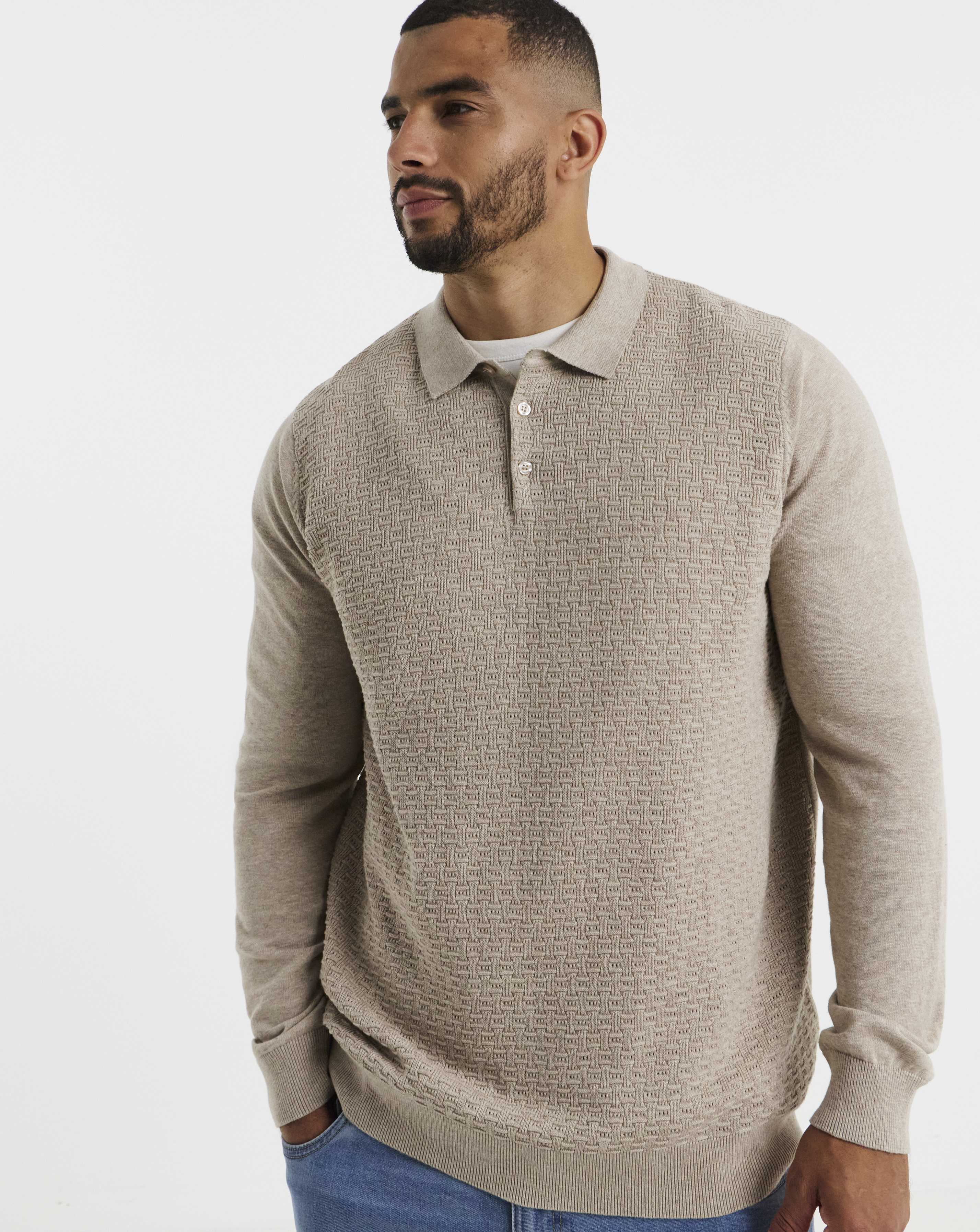 Textured Long Sleeve Knitted Polo