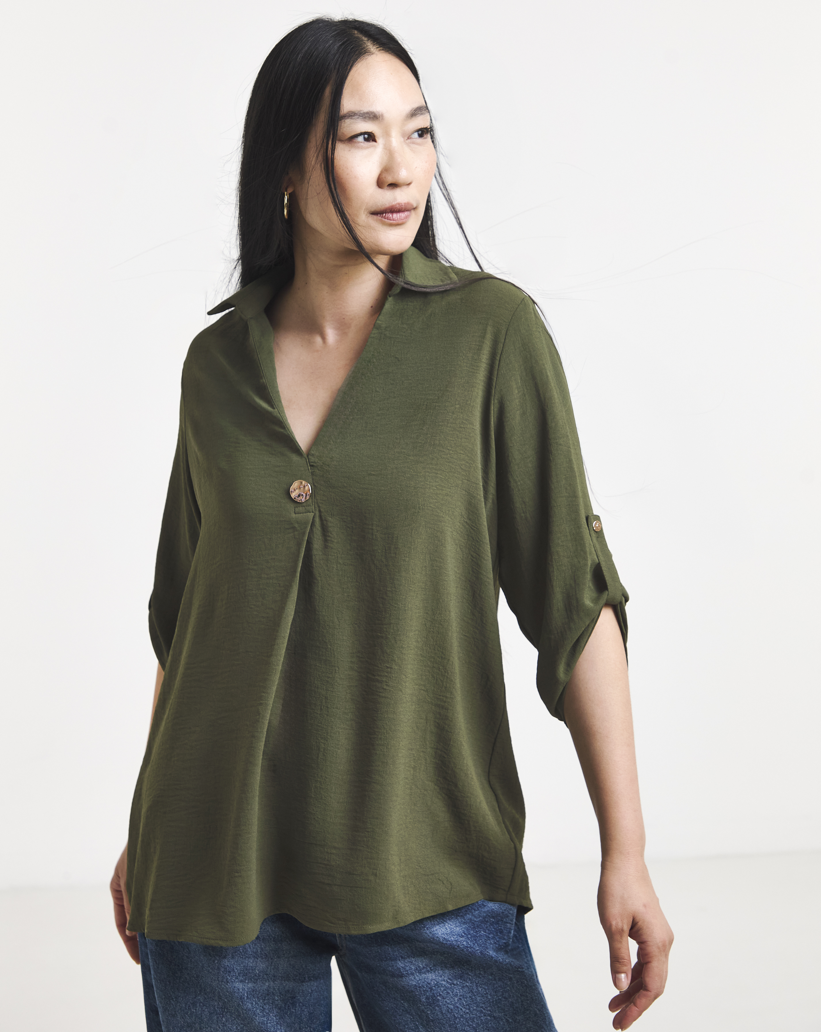 Olive Green Button Detail Collar Popover Top