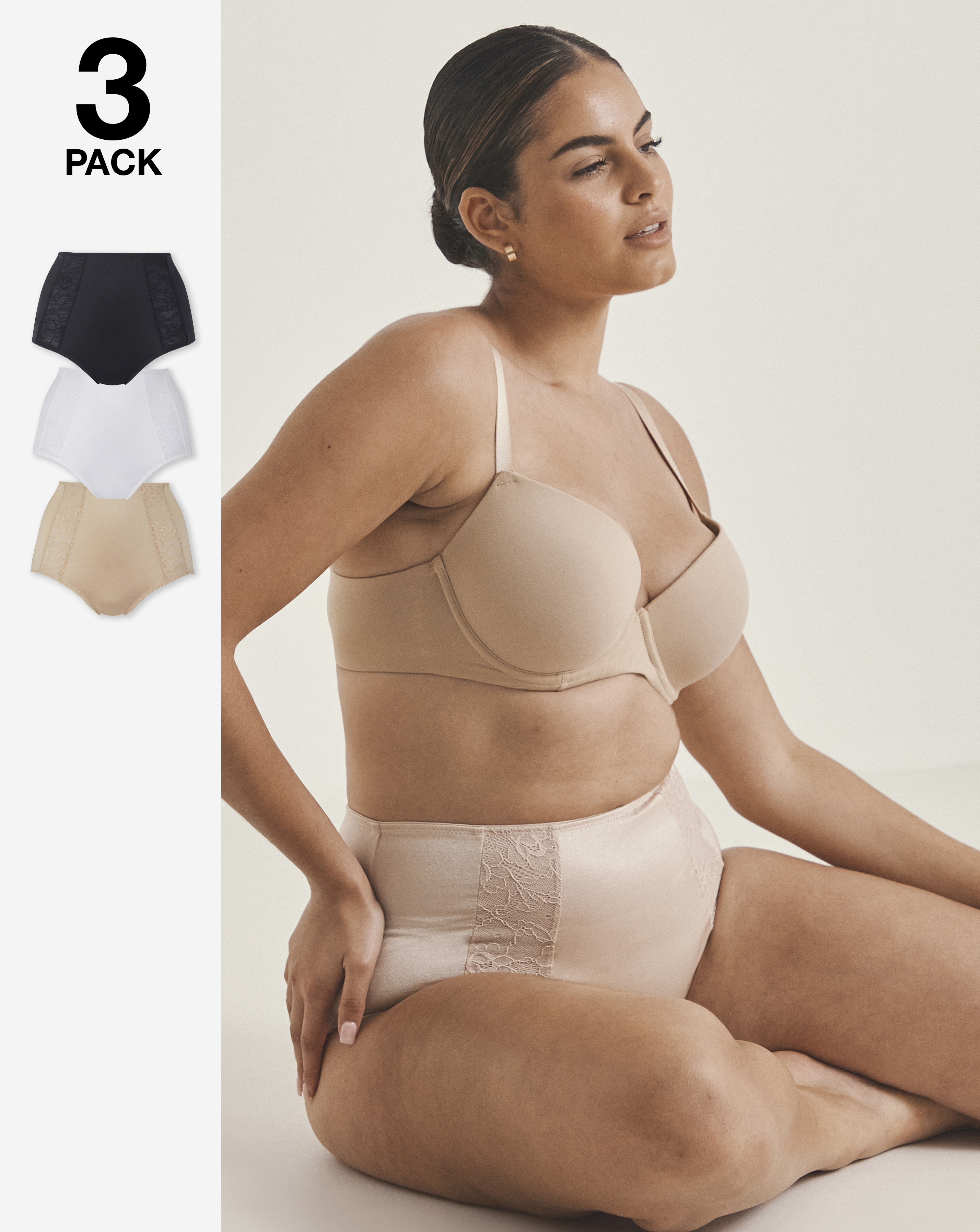 MAGISCULPT 3 Pk Midi Firm Control Briefs In Black/white/almond | UK Size 12 Women's