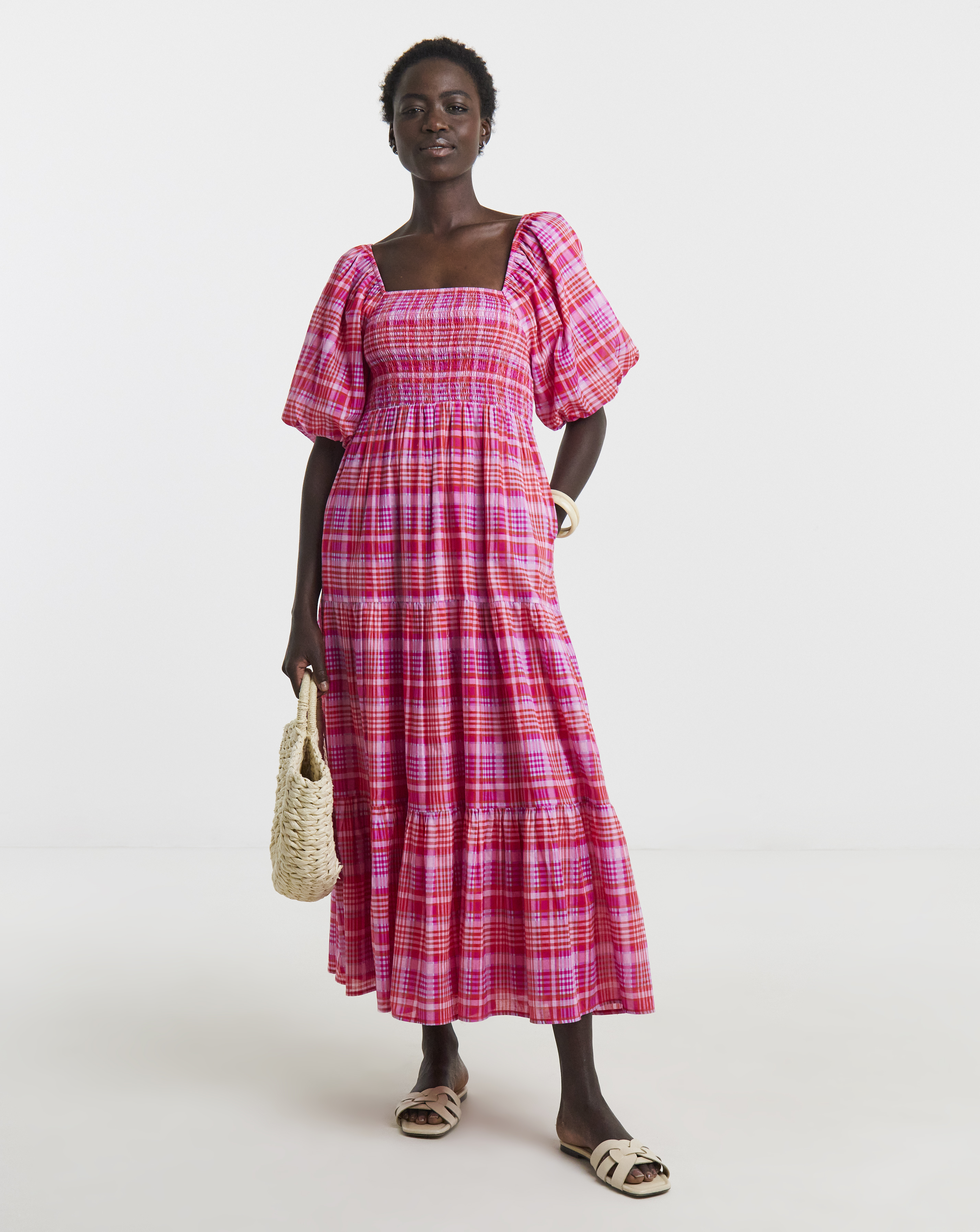 Check Shirred Smock Dress
