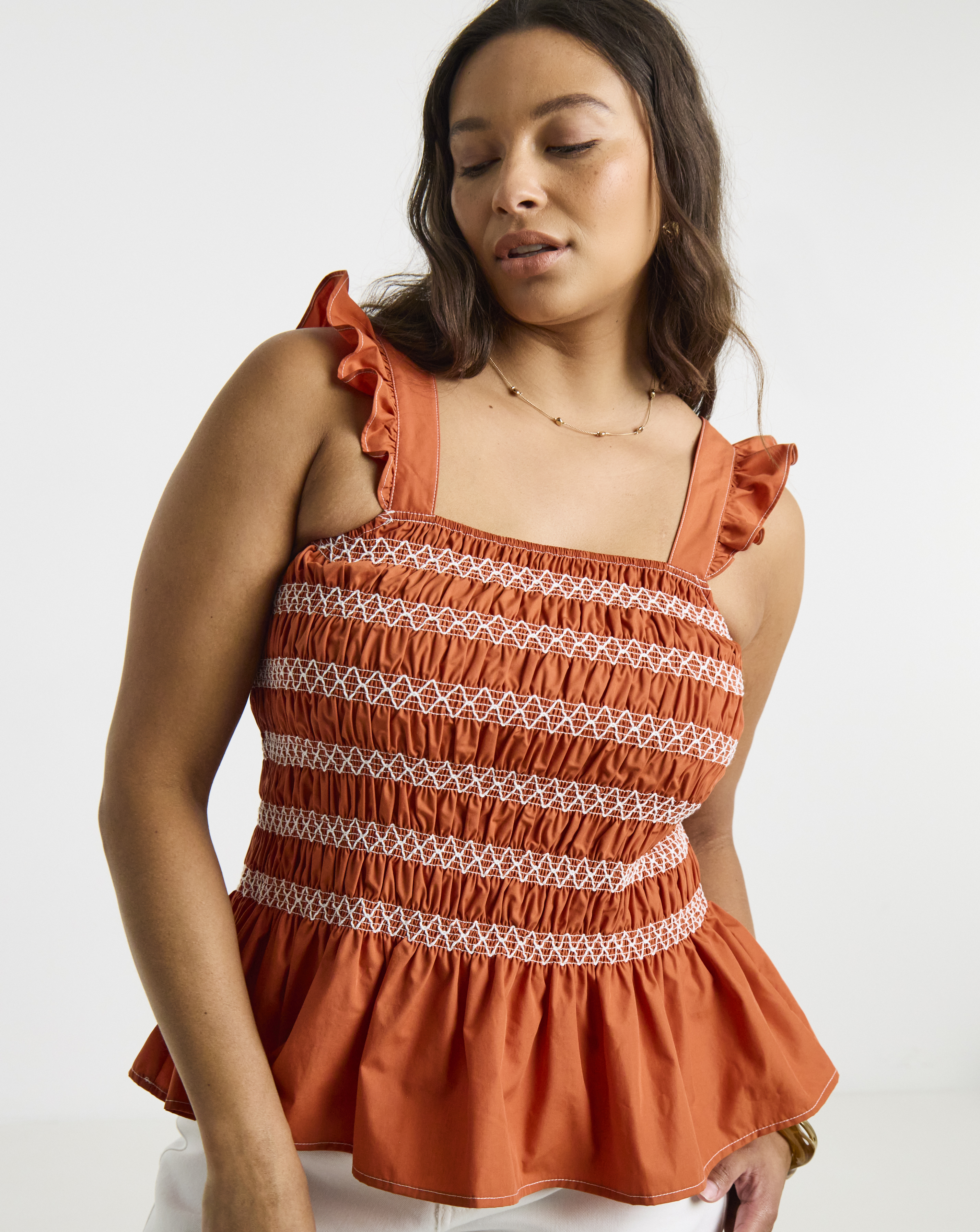 Rust Shirred Flutter Sleeve Blouse