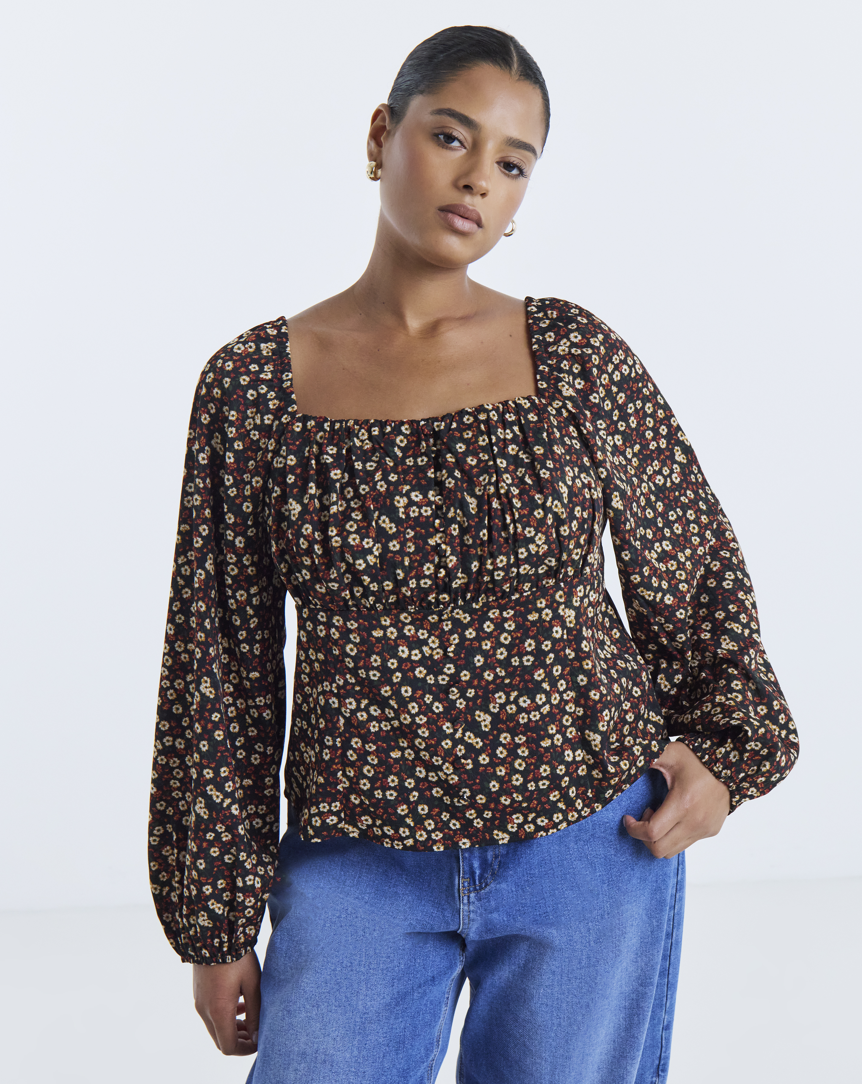 Simply Be Ditsy Floral Blouson Sleeve Blouse