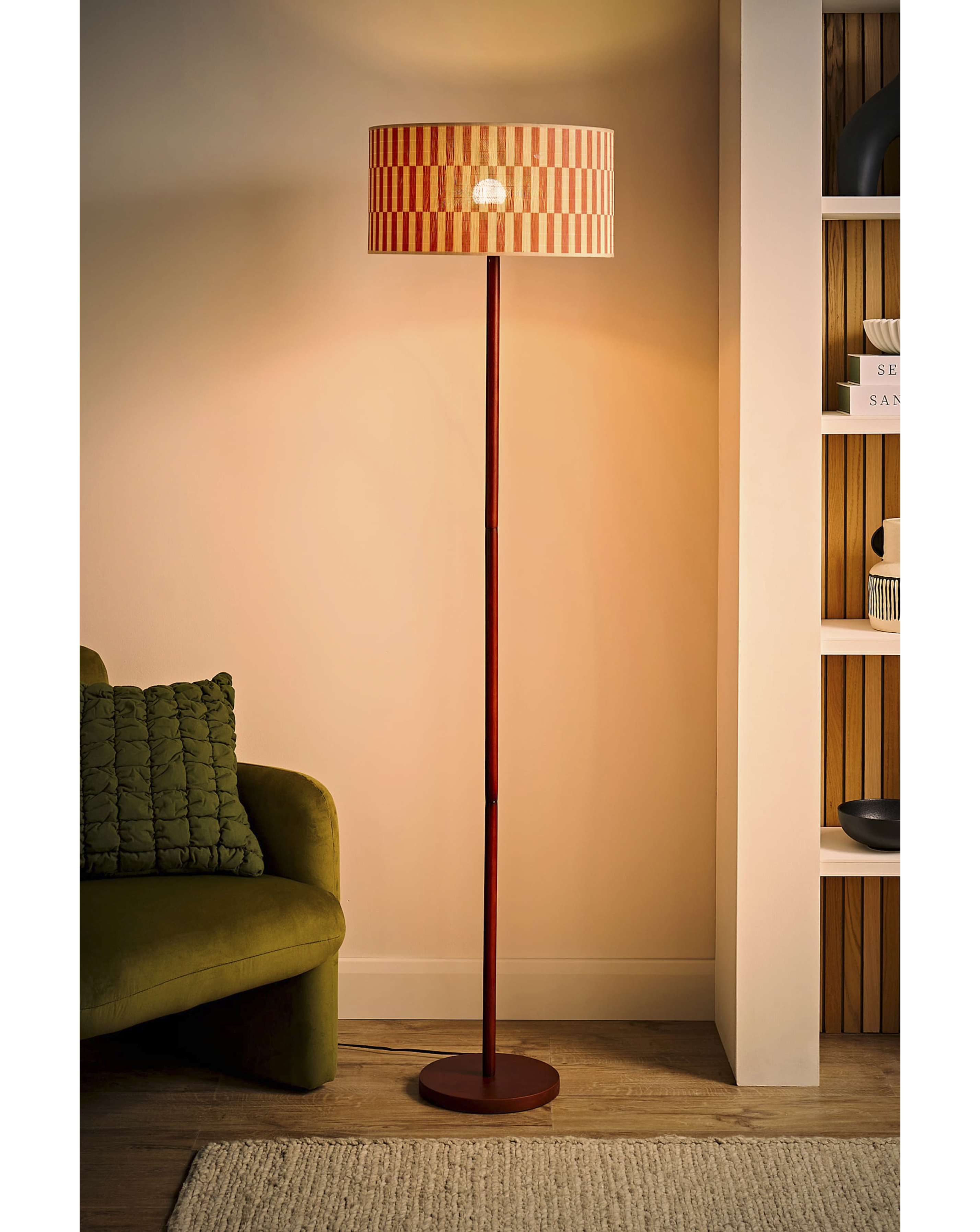 ValueLights Heather Dark Wood Floor Lamp with Orange Bamboo Shade