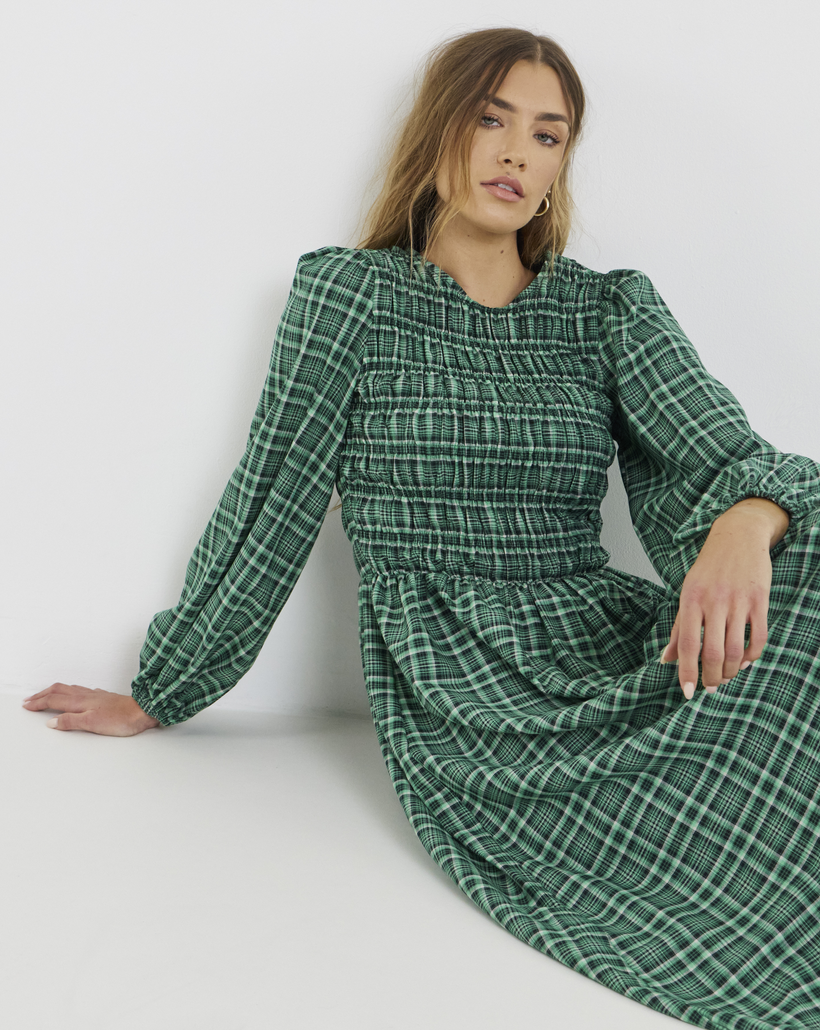 Shirred Check Midi Dress - Image