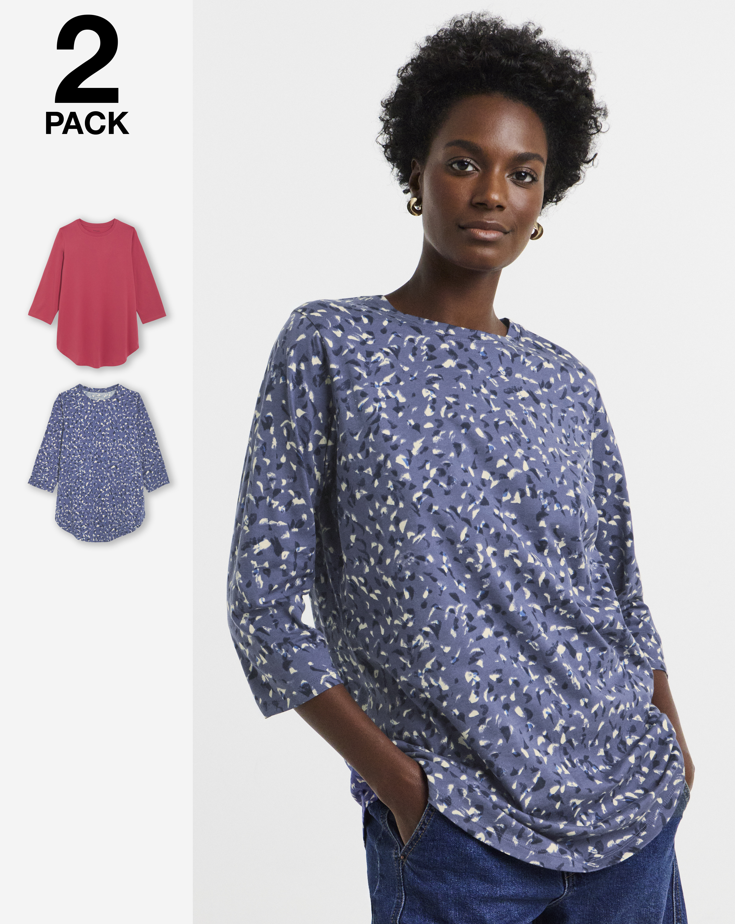 2 Pack 3/4 Sleeve Curved Hem