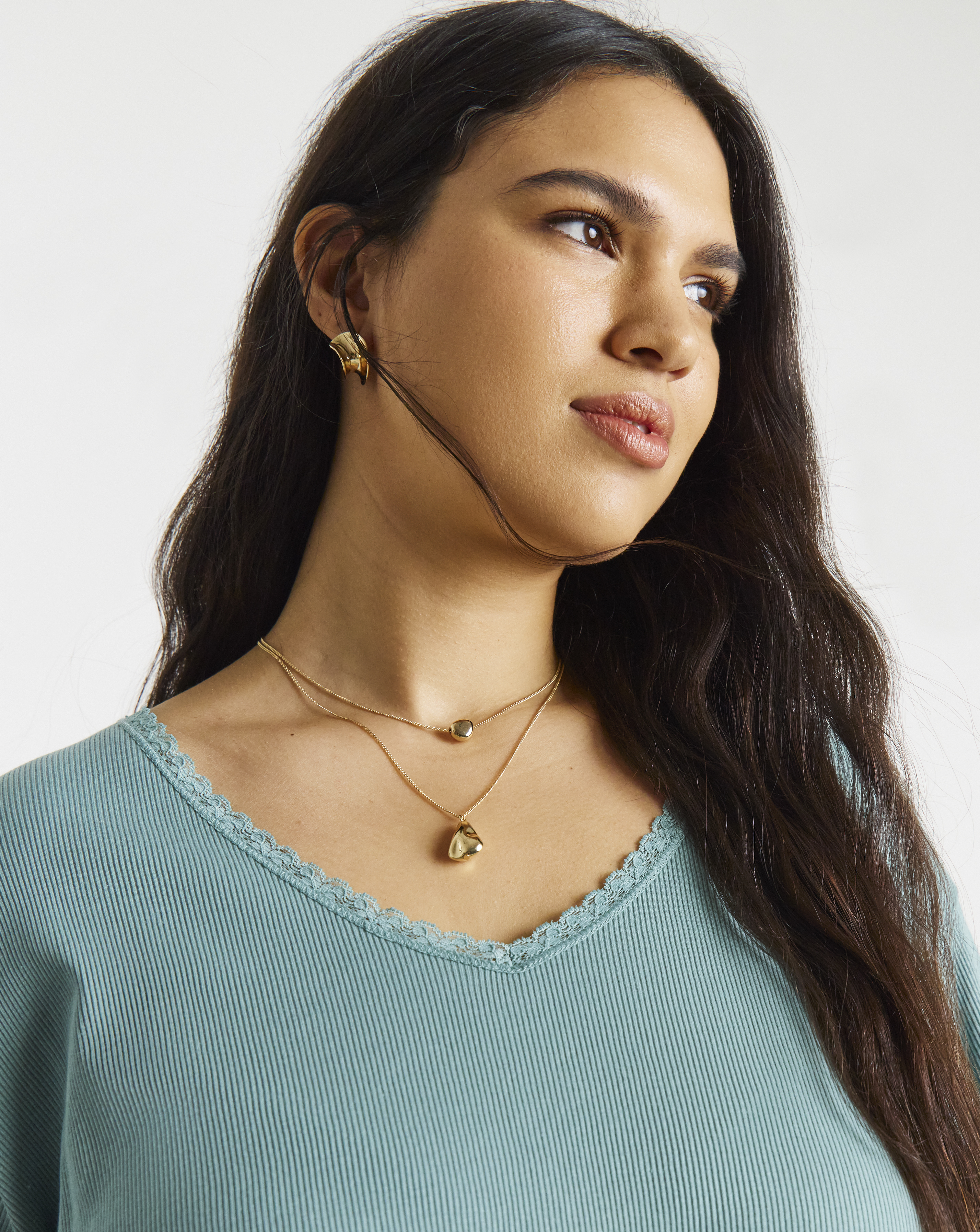 Rib V Neck Lace Trim T-Shirt