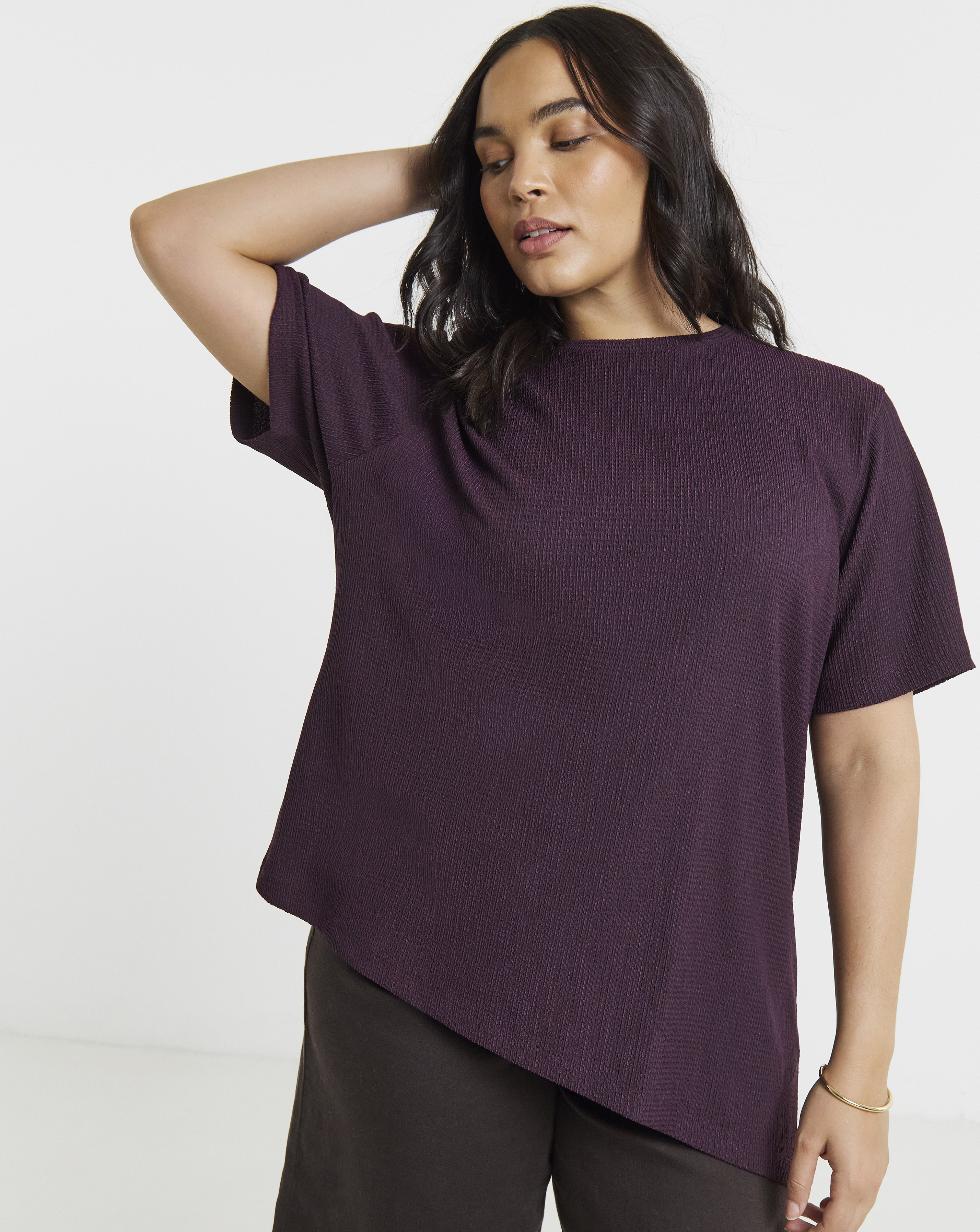 Simply Be Plum Crew Neck Textured Asymmetrical Hem Longline Top