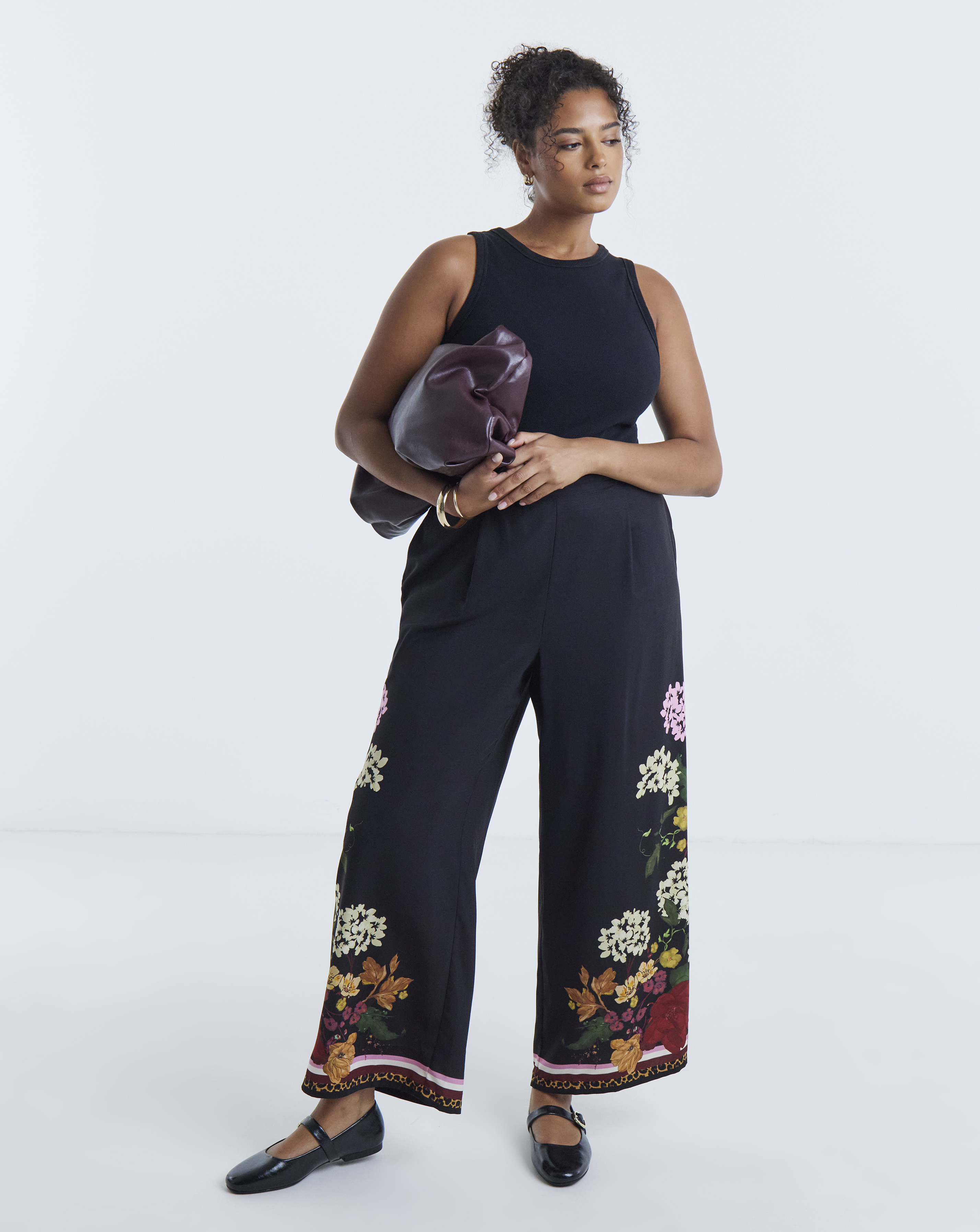 Simply Be Black Floral Wide Leg Co-ord Trouser