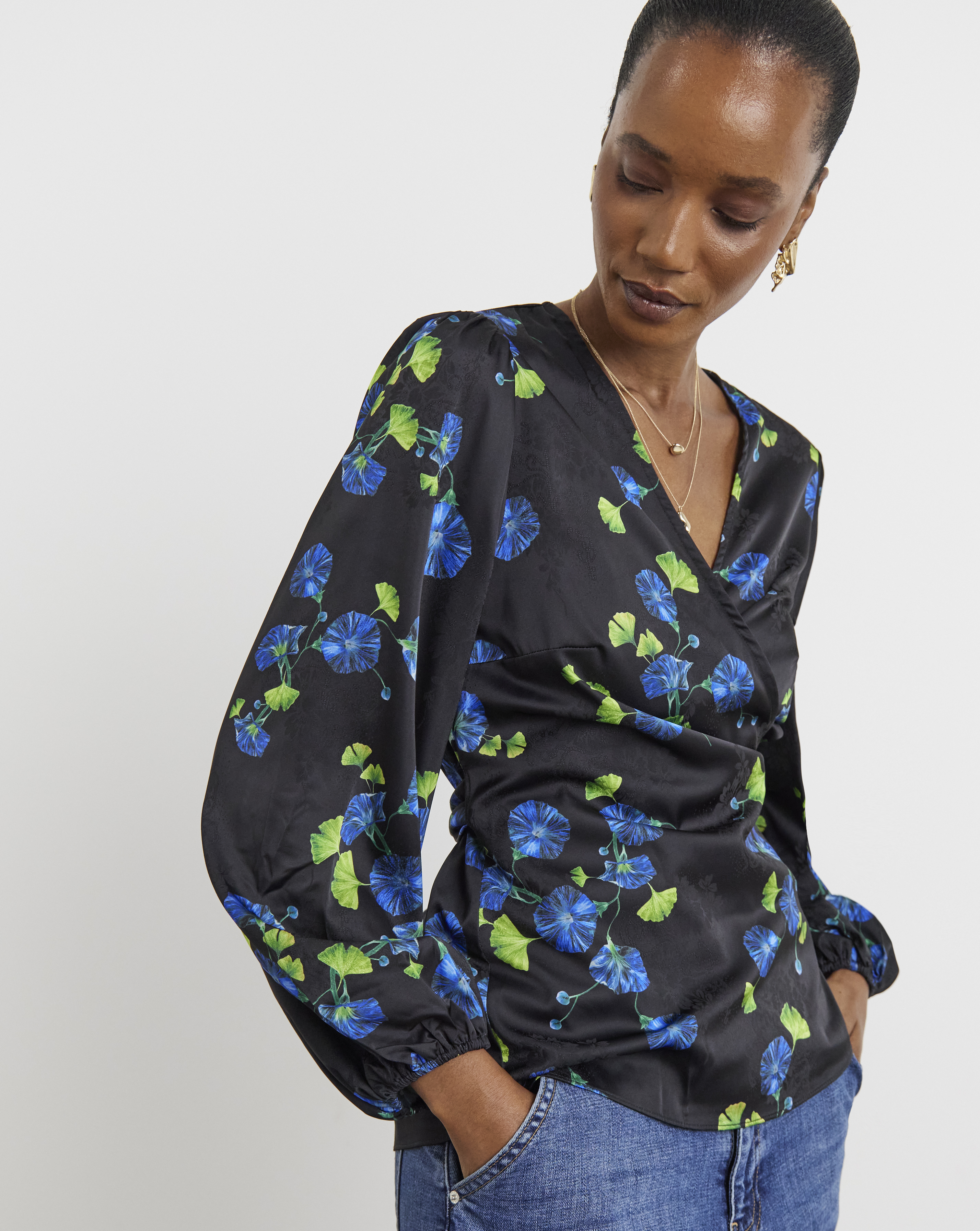 Joanna Hope Floral Satin Wrap Blouse