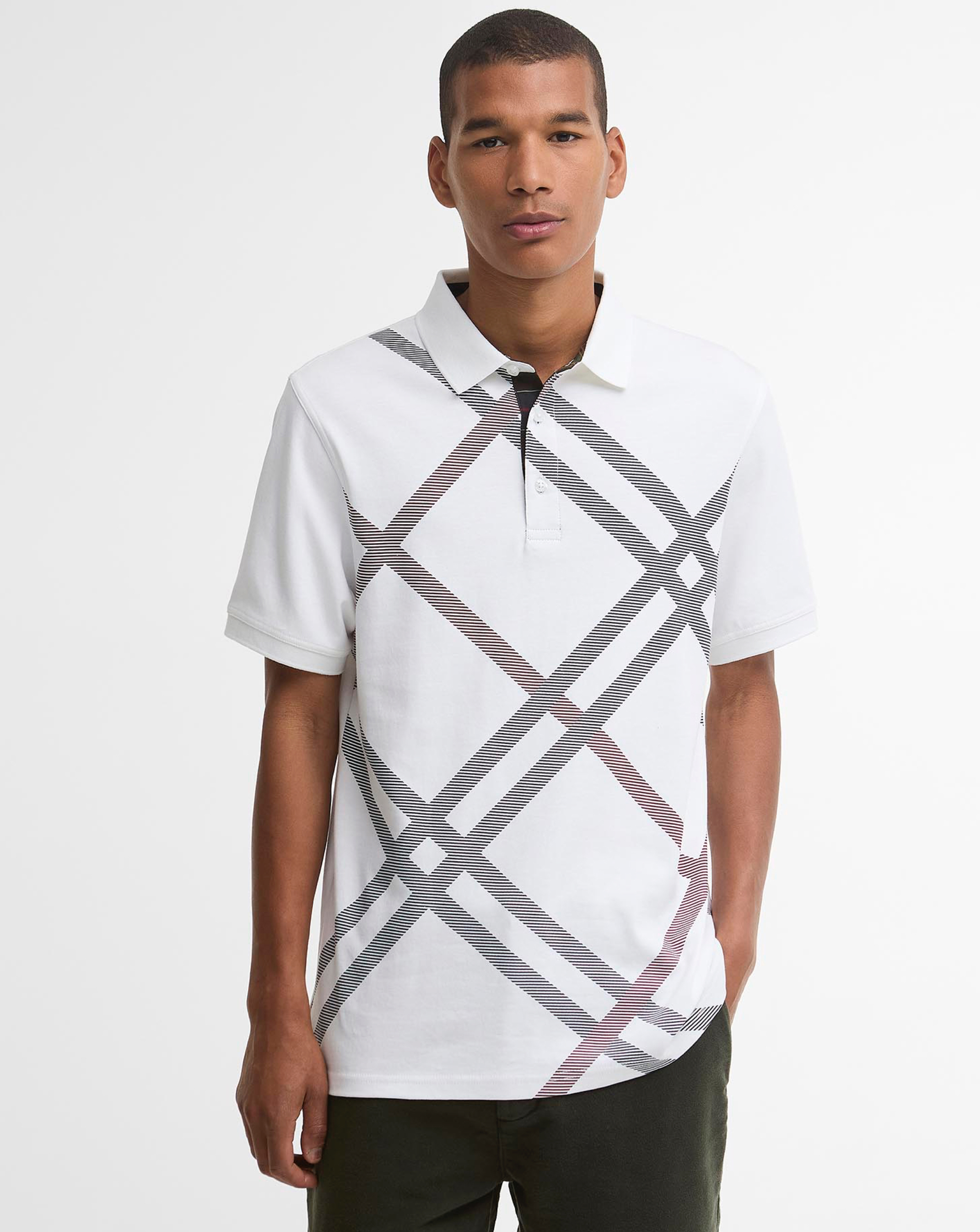 Barbour Tartan Bias Print Tailored Polo Shirt, White, Size M, Men - Image 2