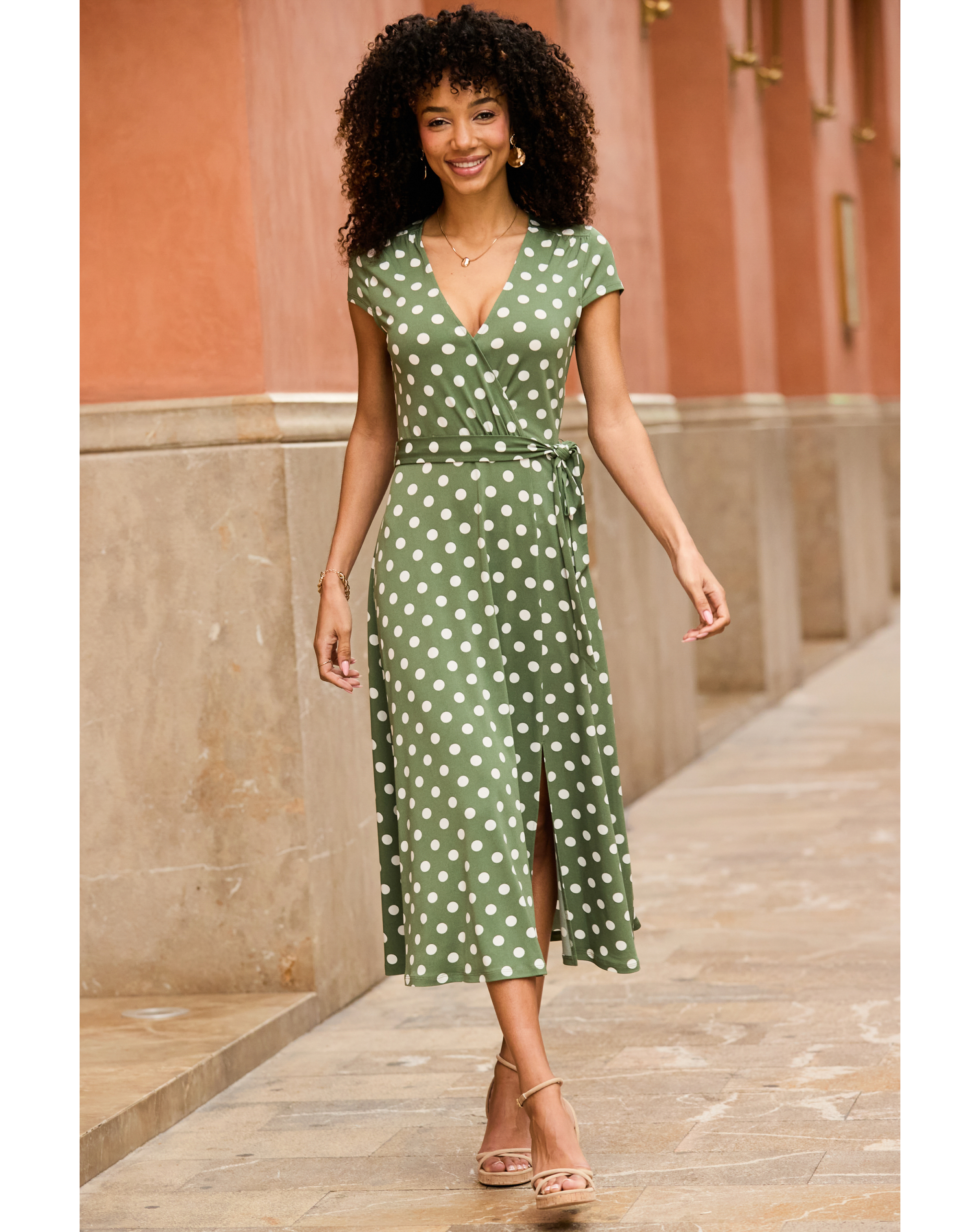 Sosandar Khaki Faux Wrap Dress - Size 14