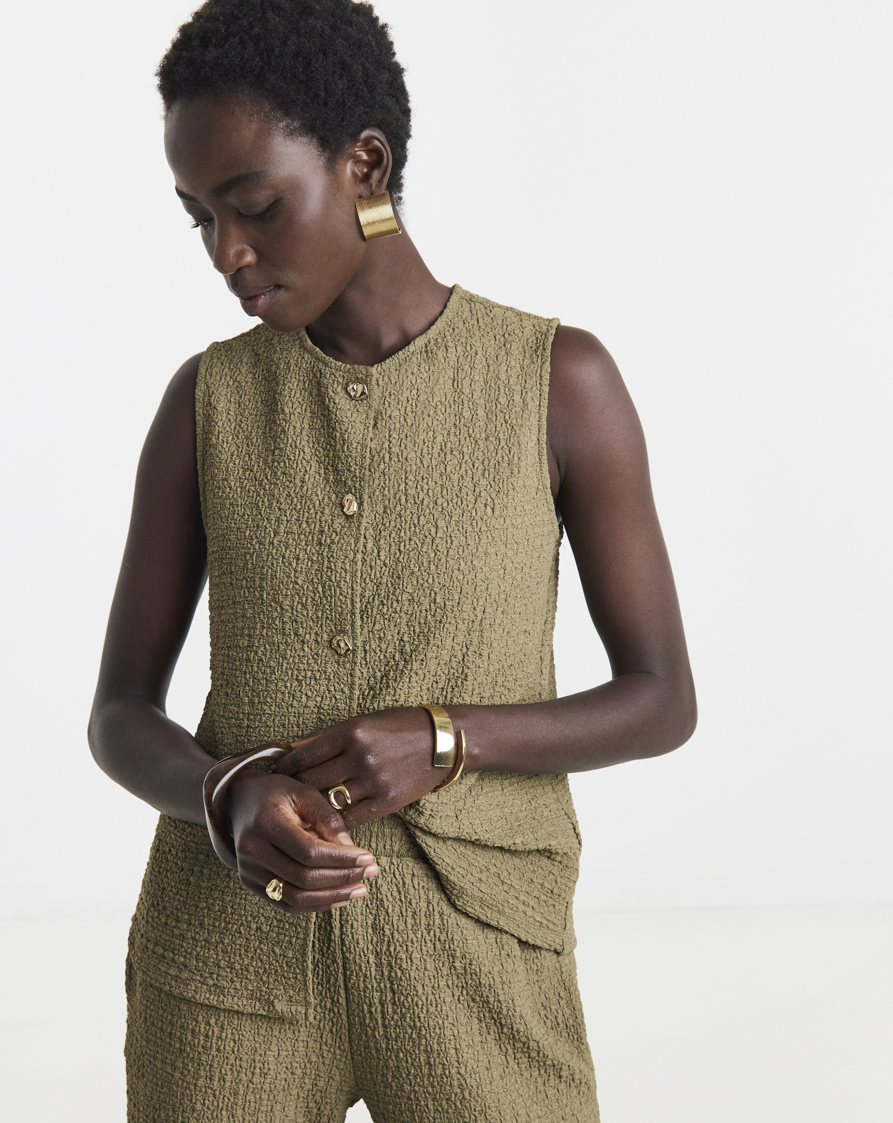 New In - Bubble Texture Gold Button Through Top