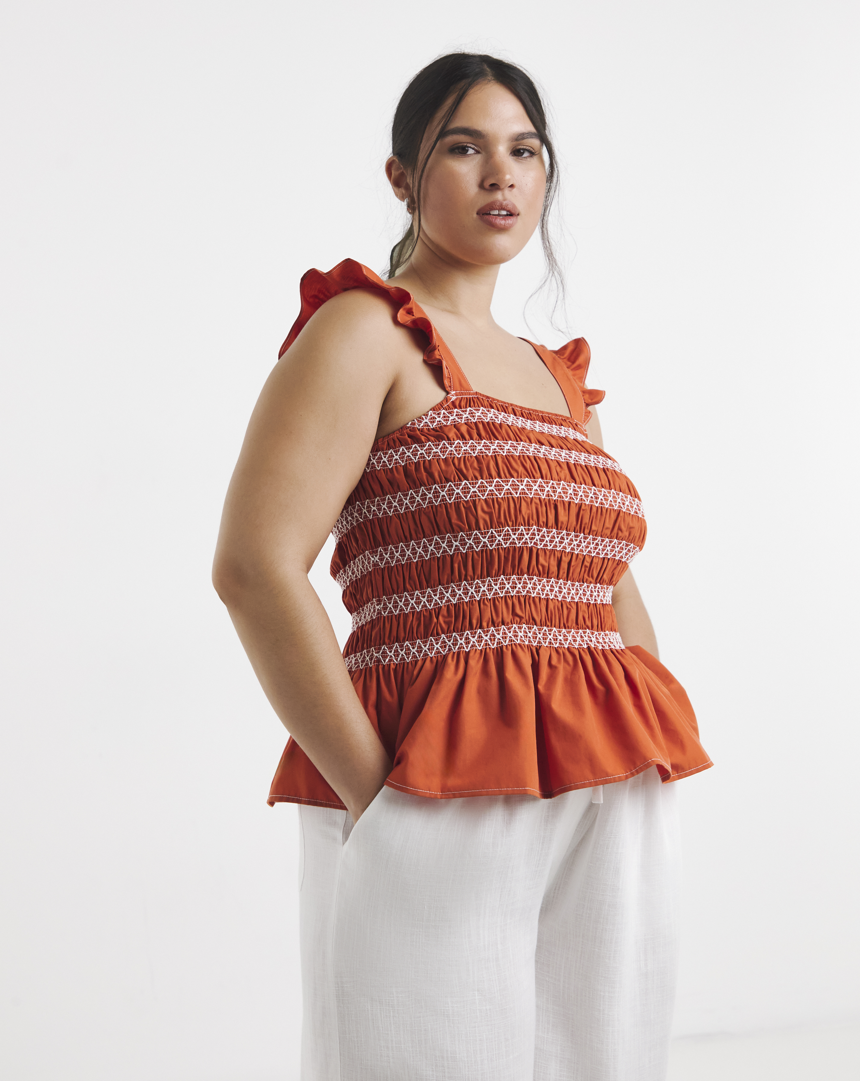Rust Shirred Flutter Sleeve Blouse