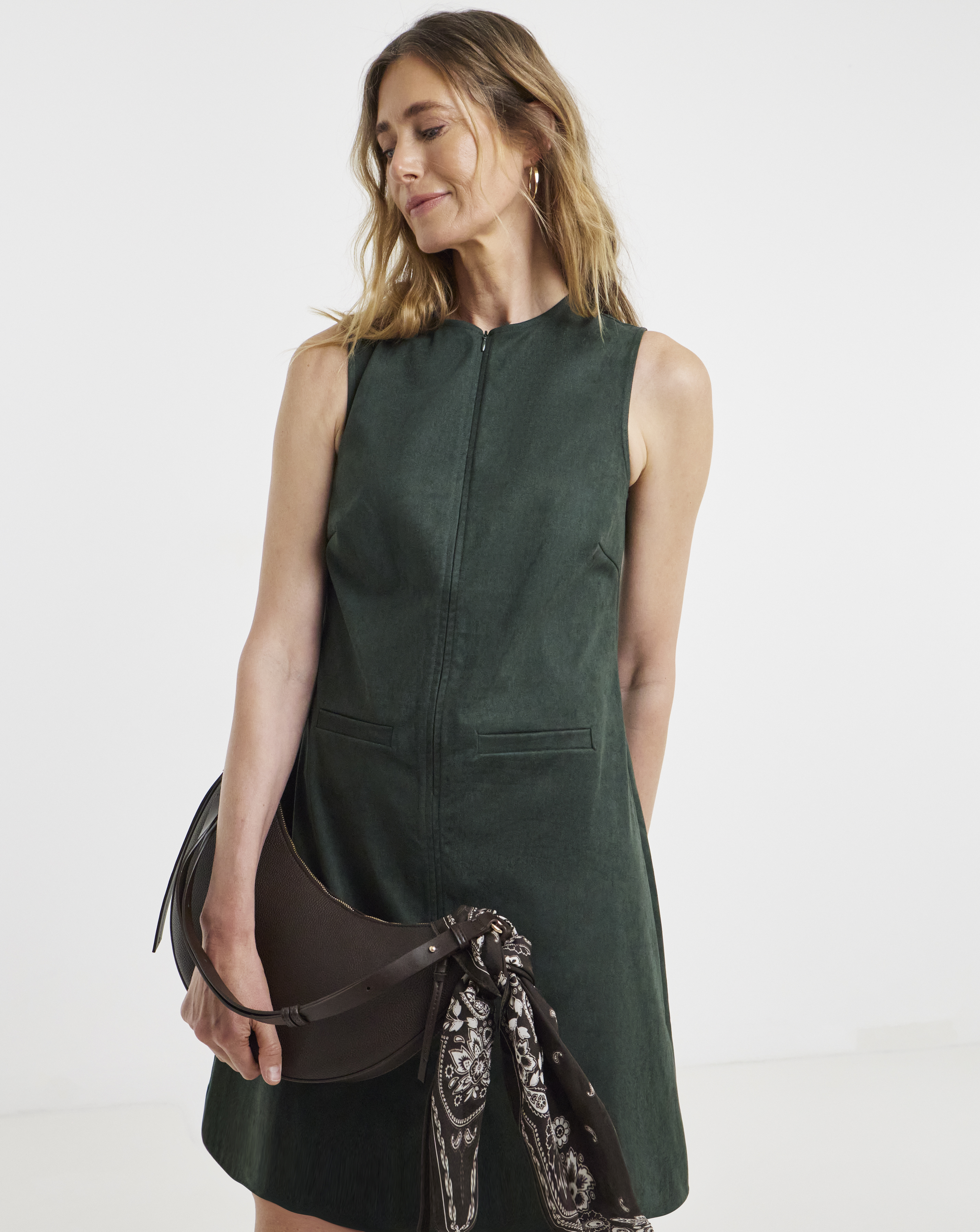 Olive Green Suedette Sleeveless Shift Dress