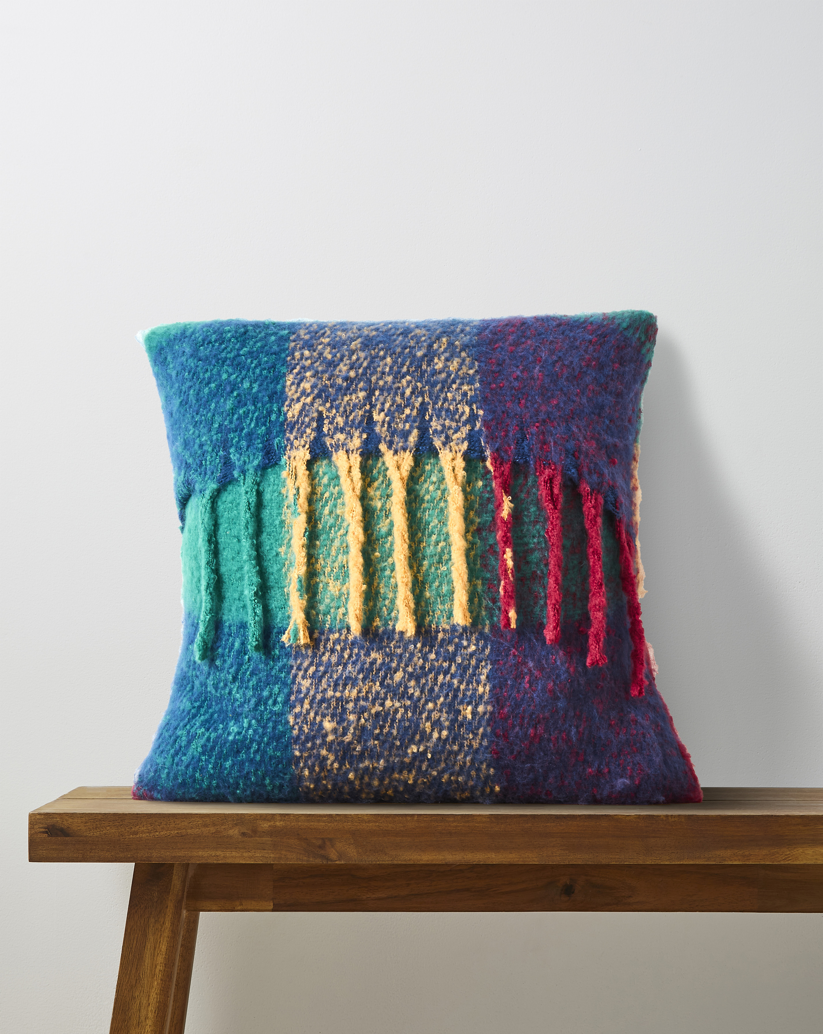 Bright Check Faux Mohair Fringed Cushion