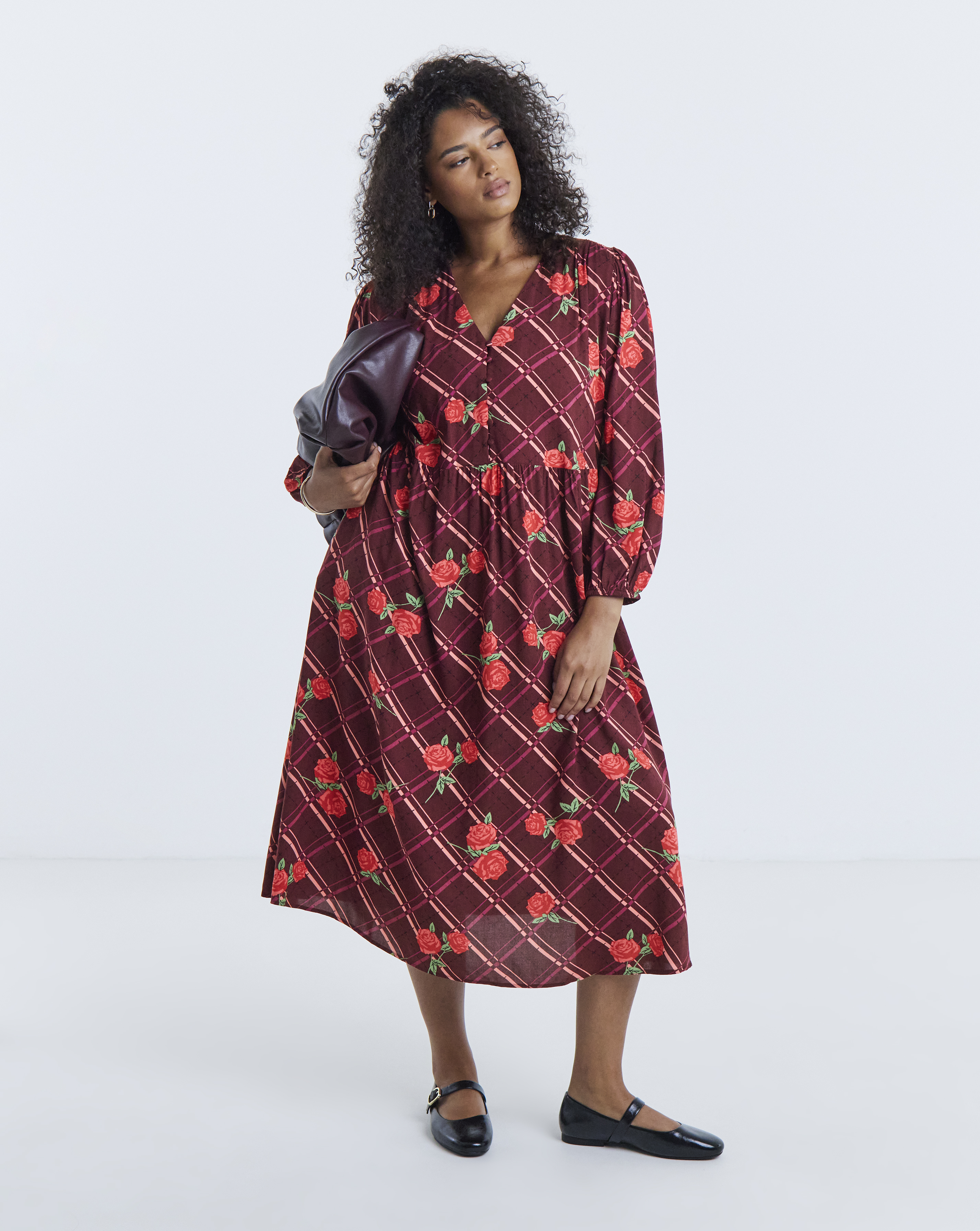 Simply Be Burgundy Floral Button Through Midi Dress