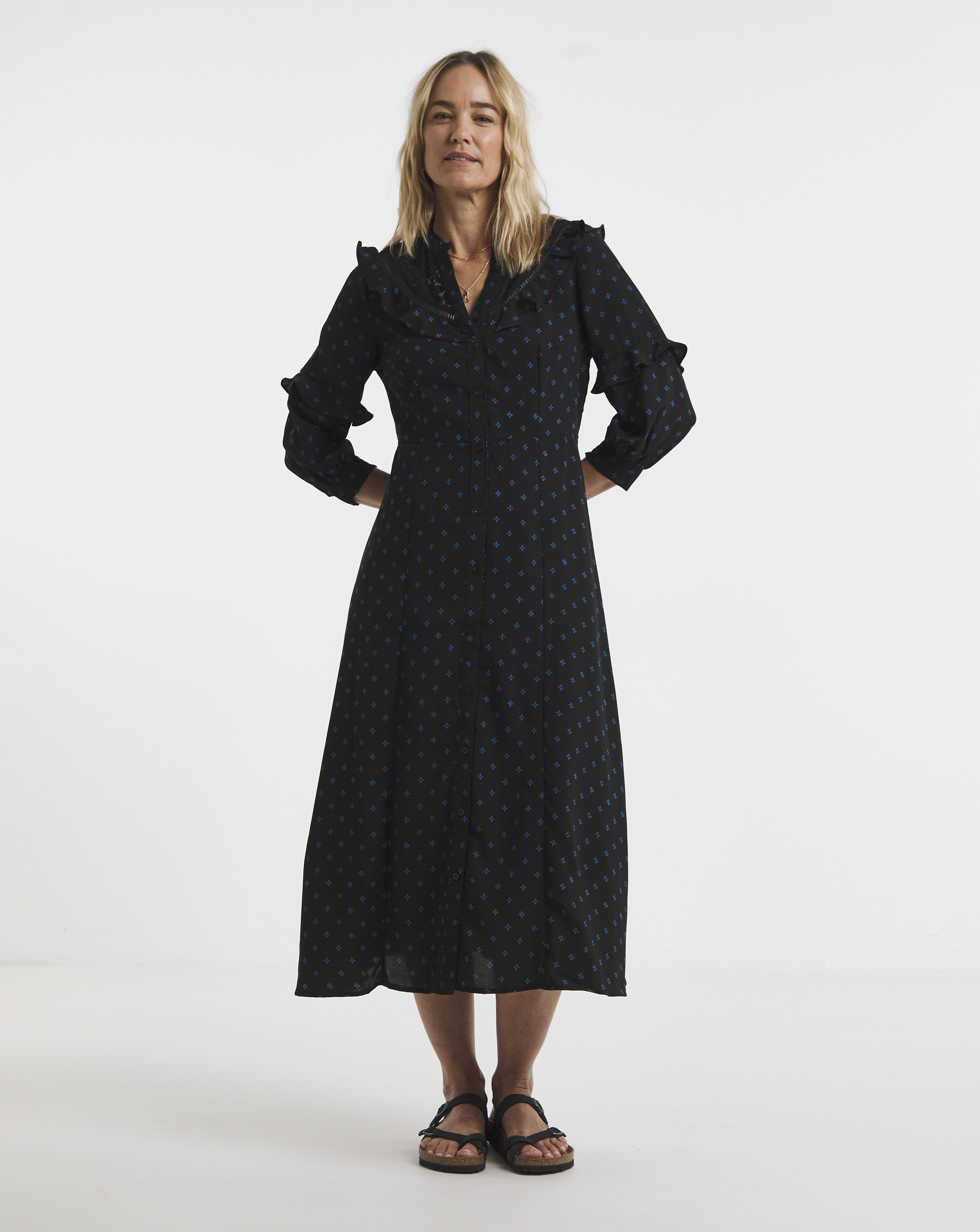 Lace Yoke Frilled Shirt Dress