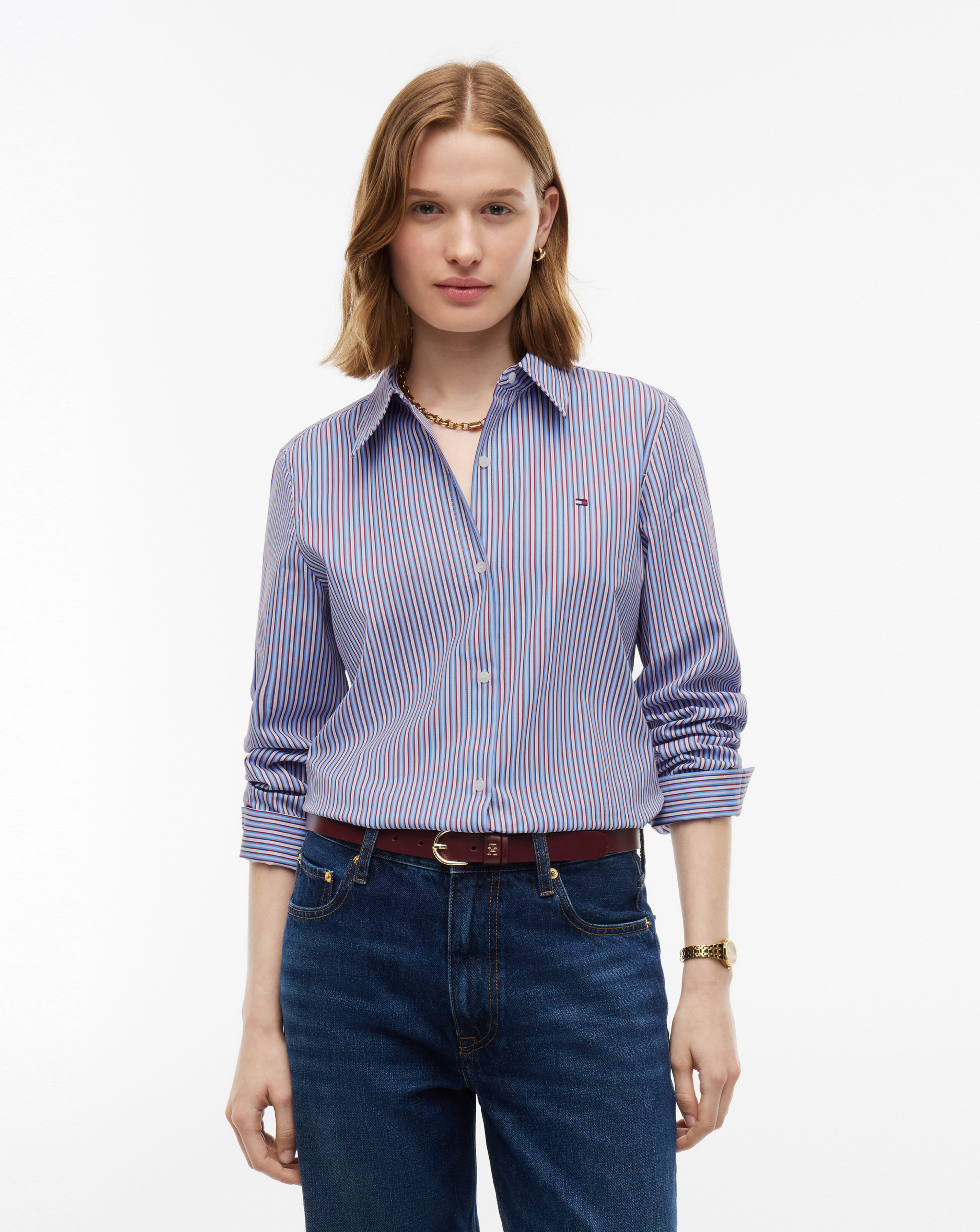 Tommy Hilfiger Women's Blue/Red Poplin Regular Shirt Size 14