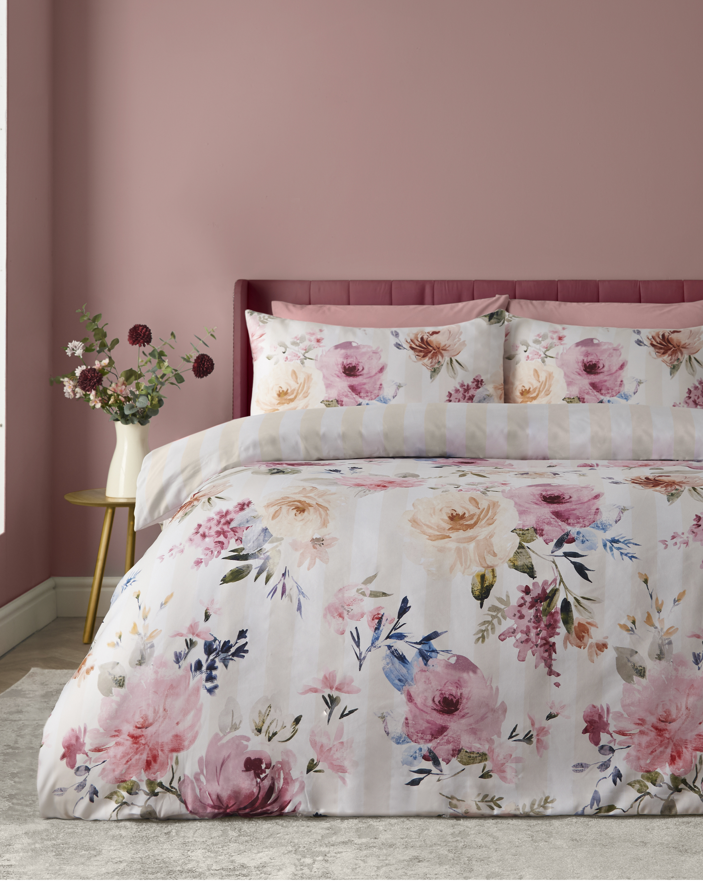 Catherine Lansfield Men's Cream Cl Floral Stripe Duvet Cover Set
