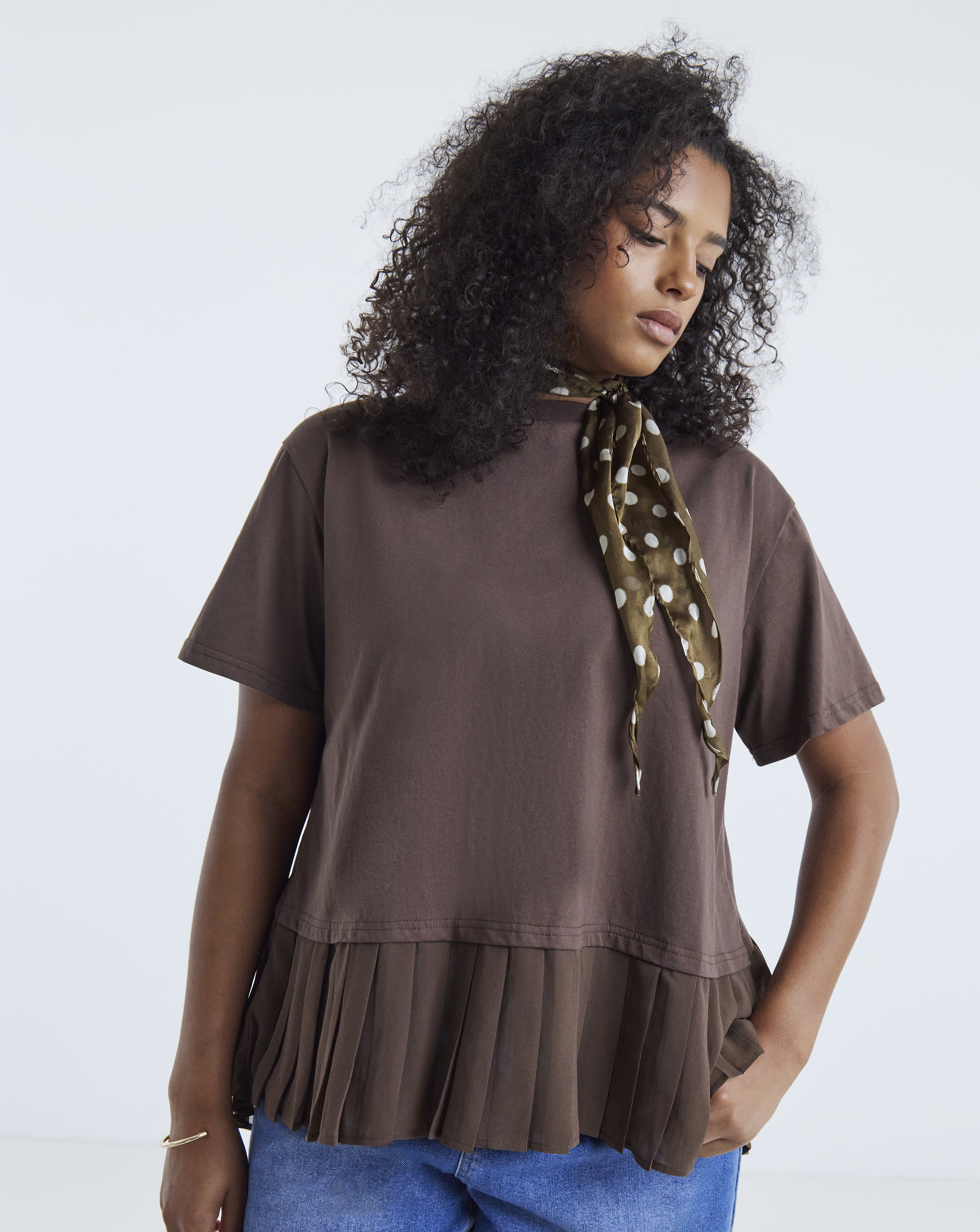 Simply Be Chocolate Tee With Woven Pleated Back