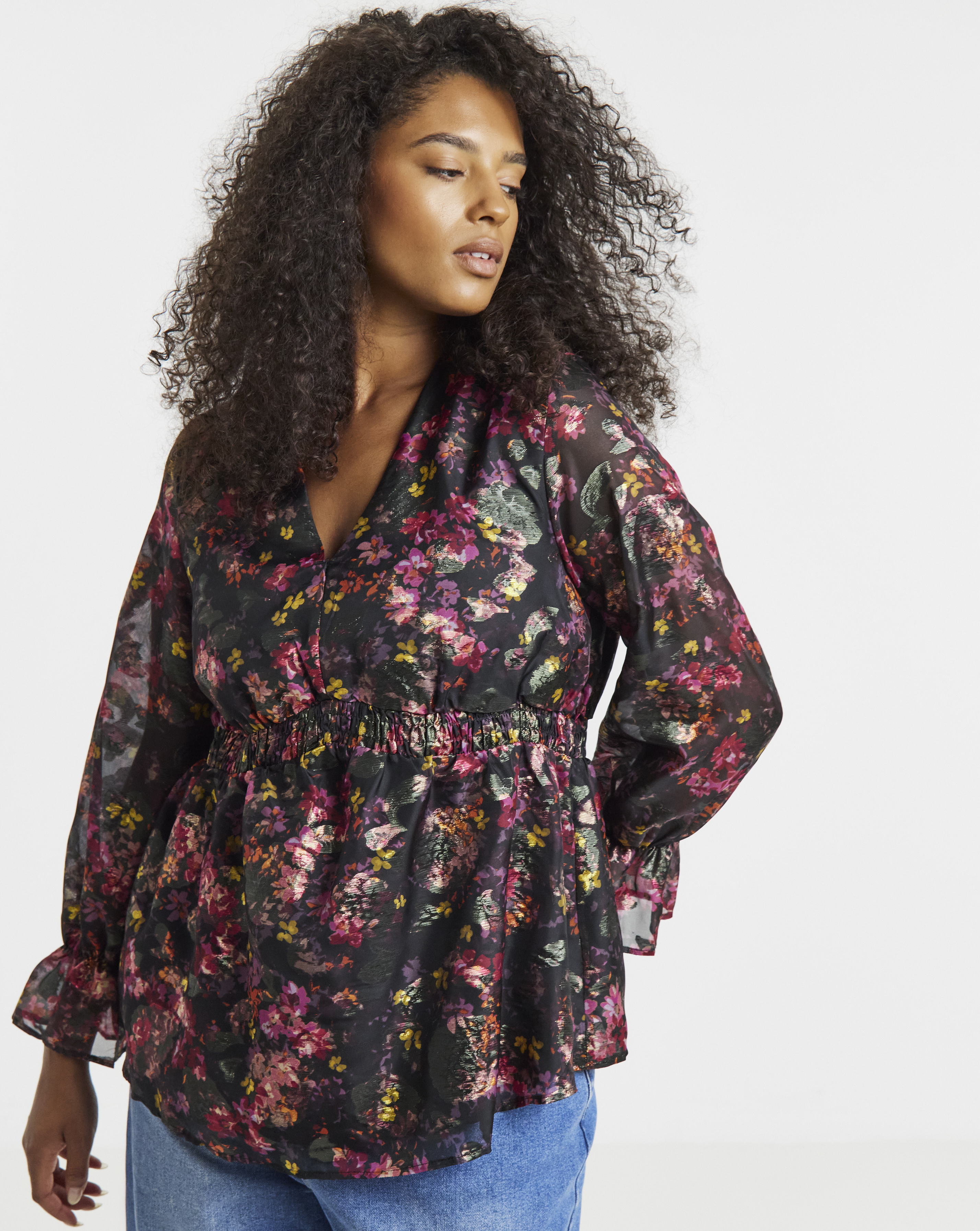 Foil Black Floral Print V Neck Blouse - Black floral - Size 10 - Women's - Polyester.