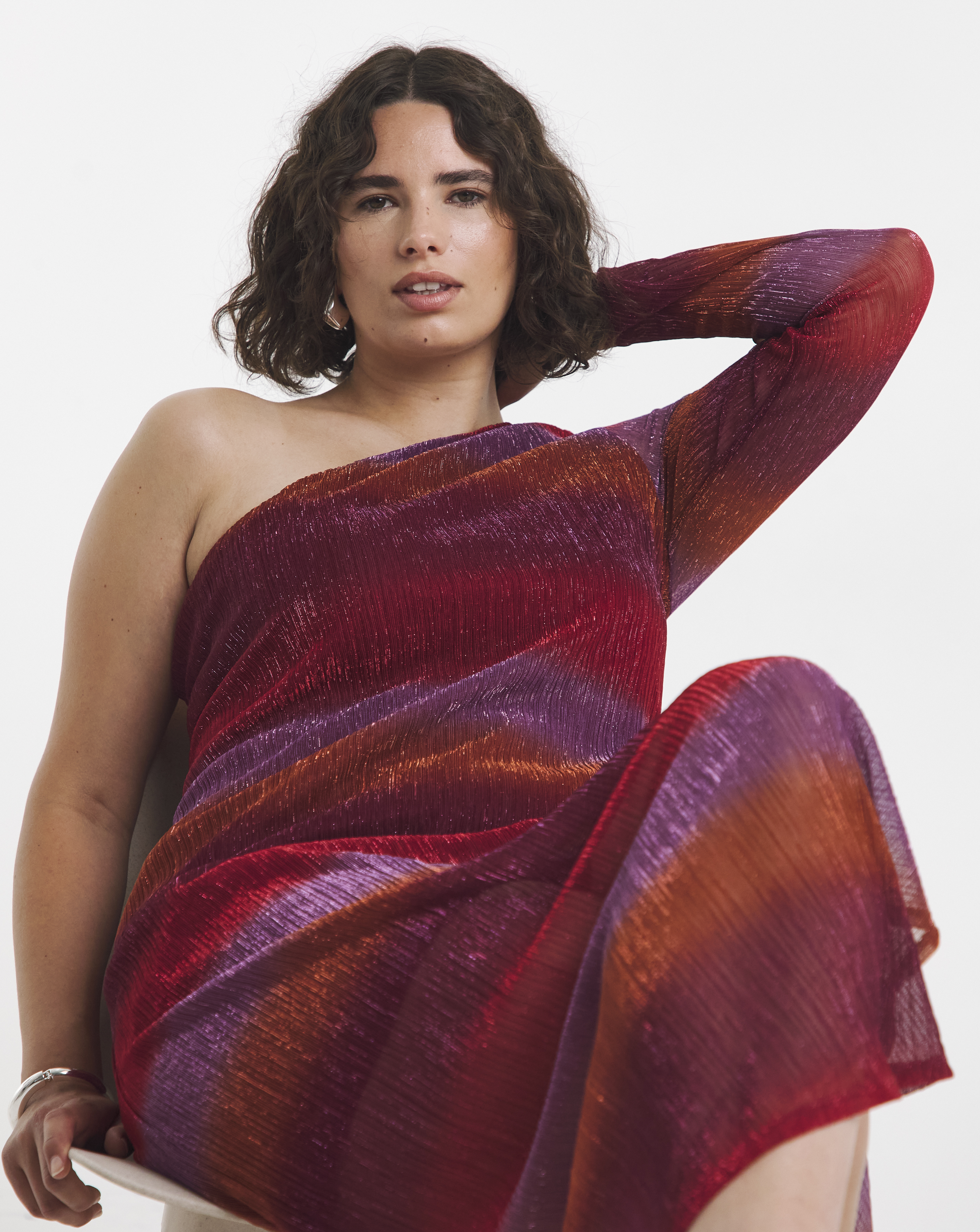 Pleated Mesh One Shoulder Column Dress