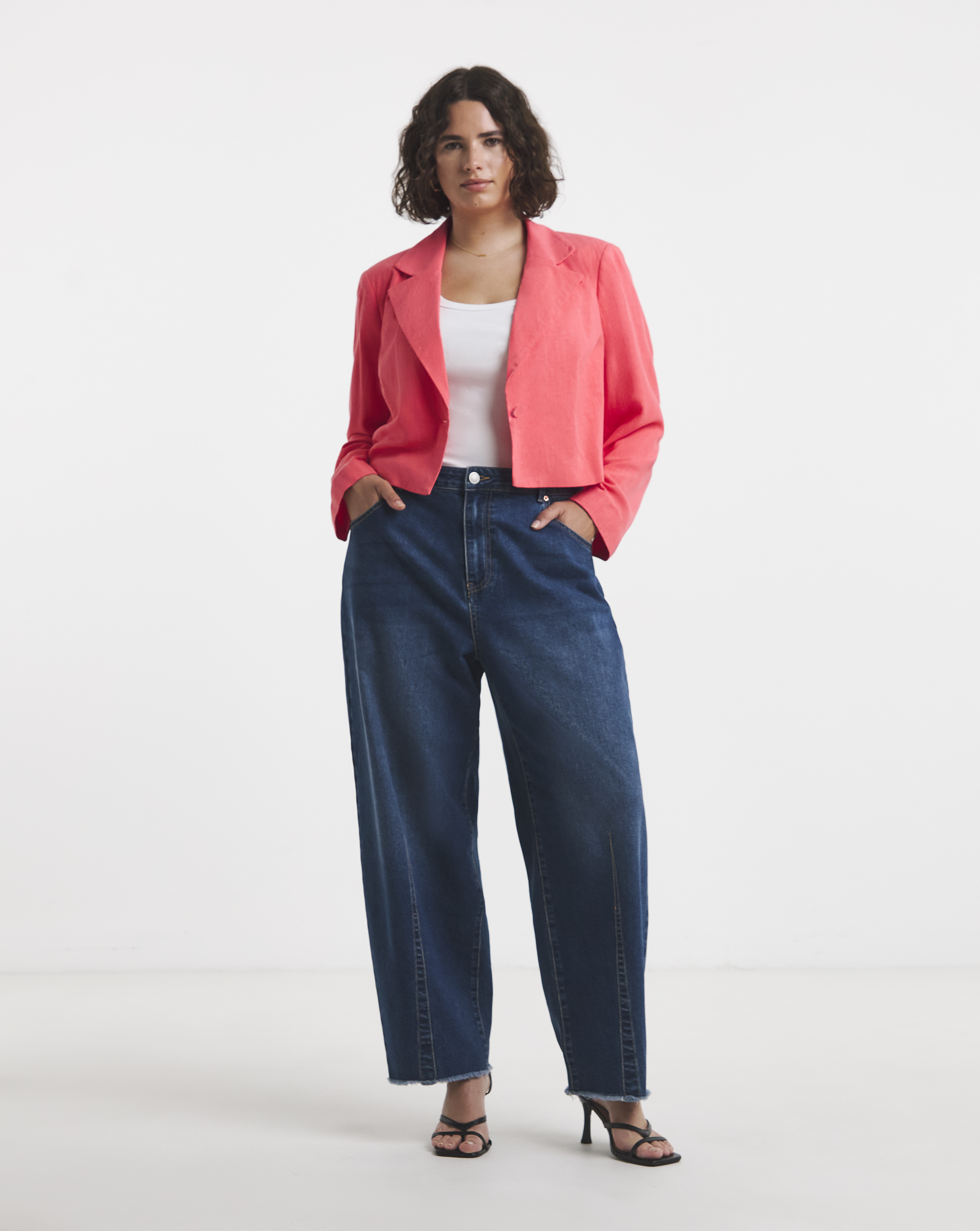 Coral Cropped Linen Look Blazer