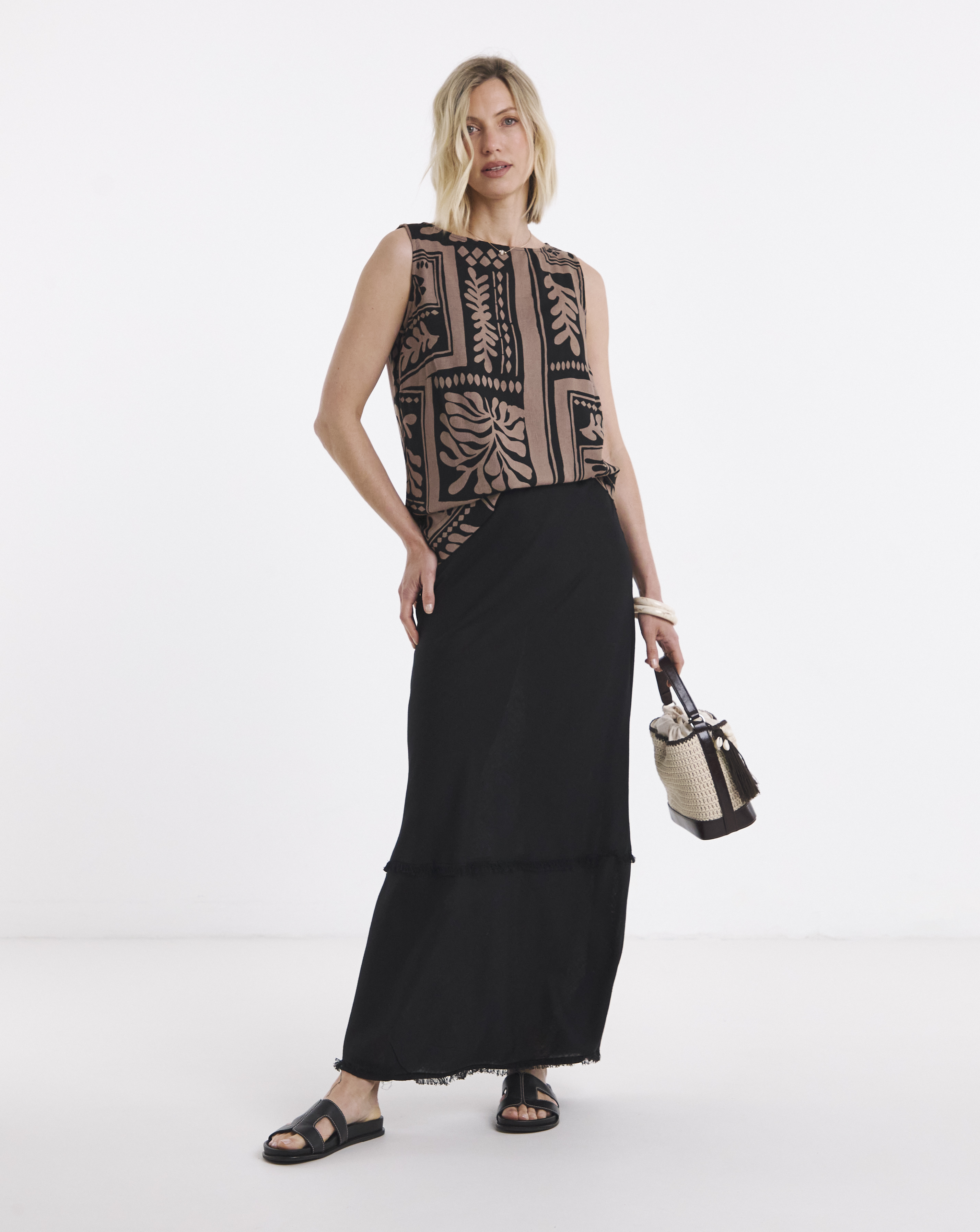 Linen Mix Frayed Hem Skirt