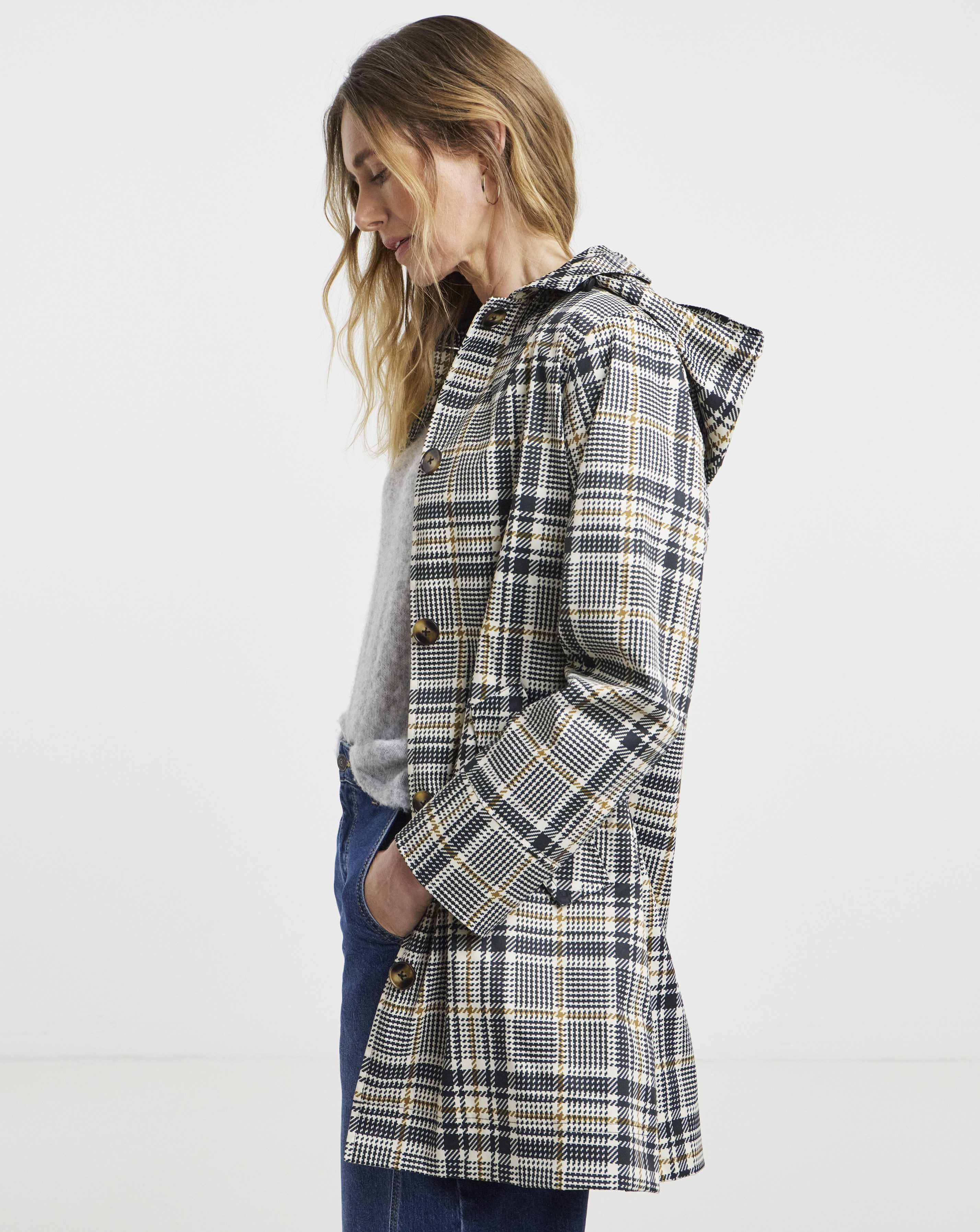 New In - Hooded Check Print Trench Car Coat