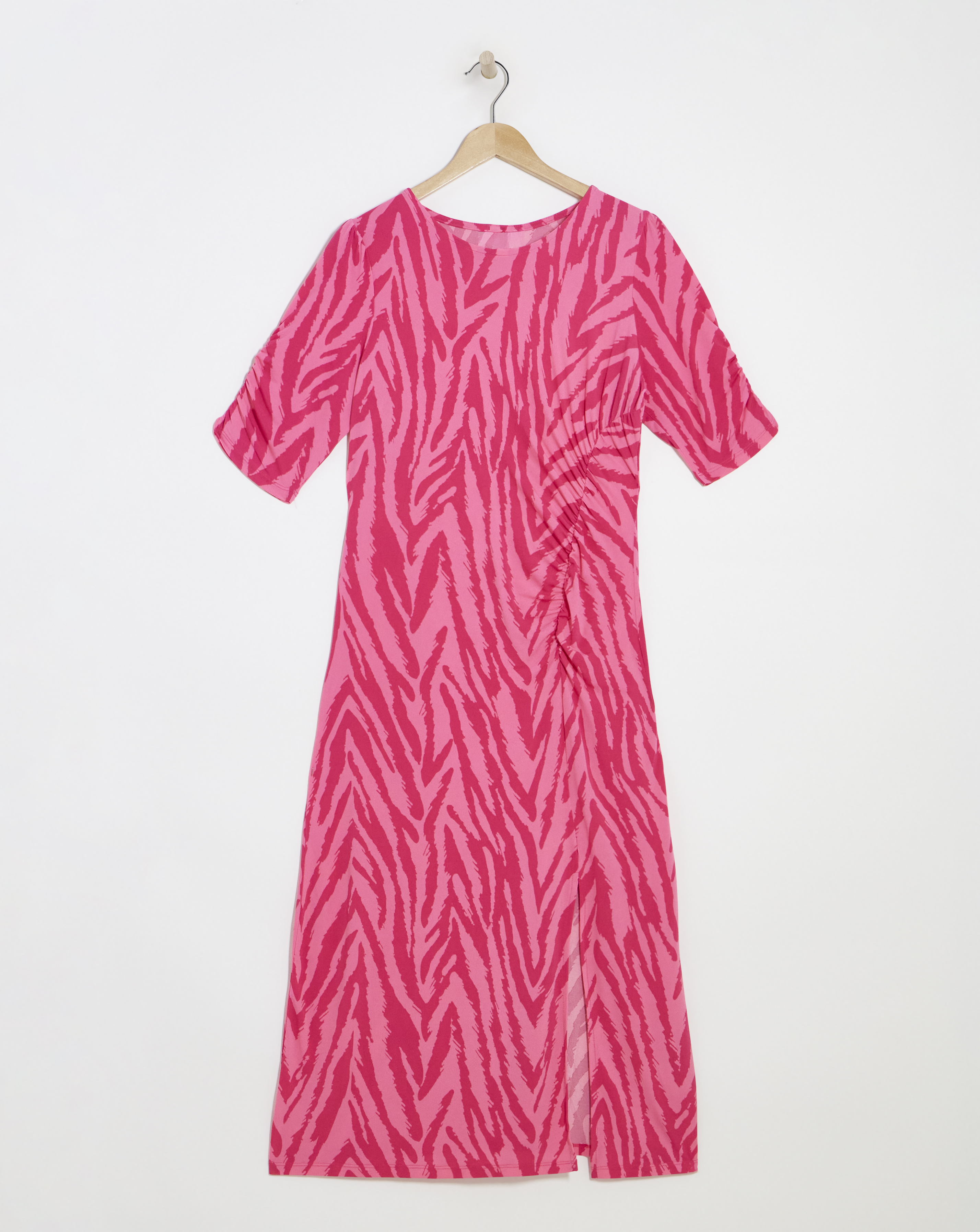 Pink Zebra Print Slinky Ruched Midi Dress