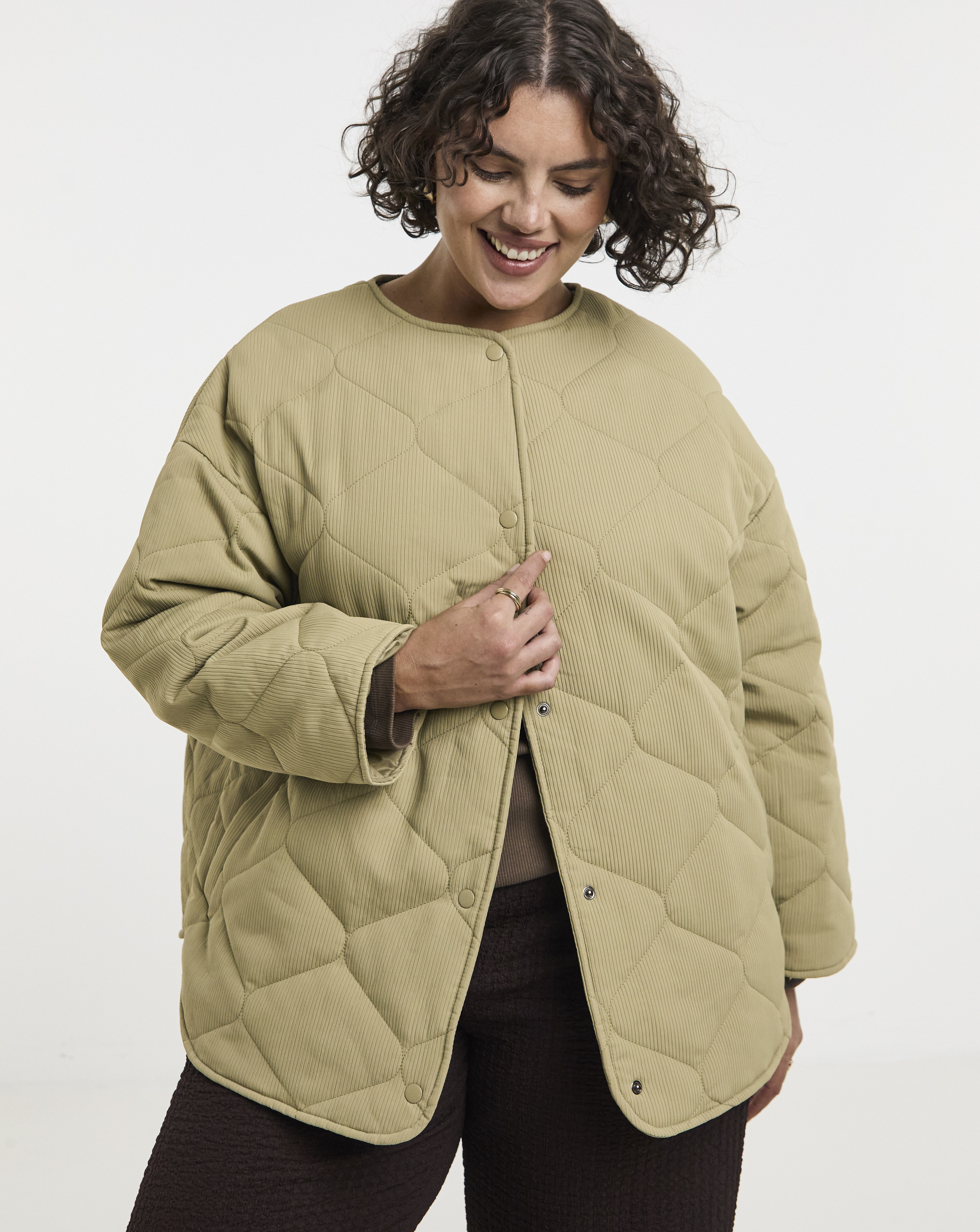 Khaki Quilted Round Collar Jacket