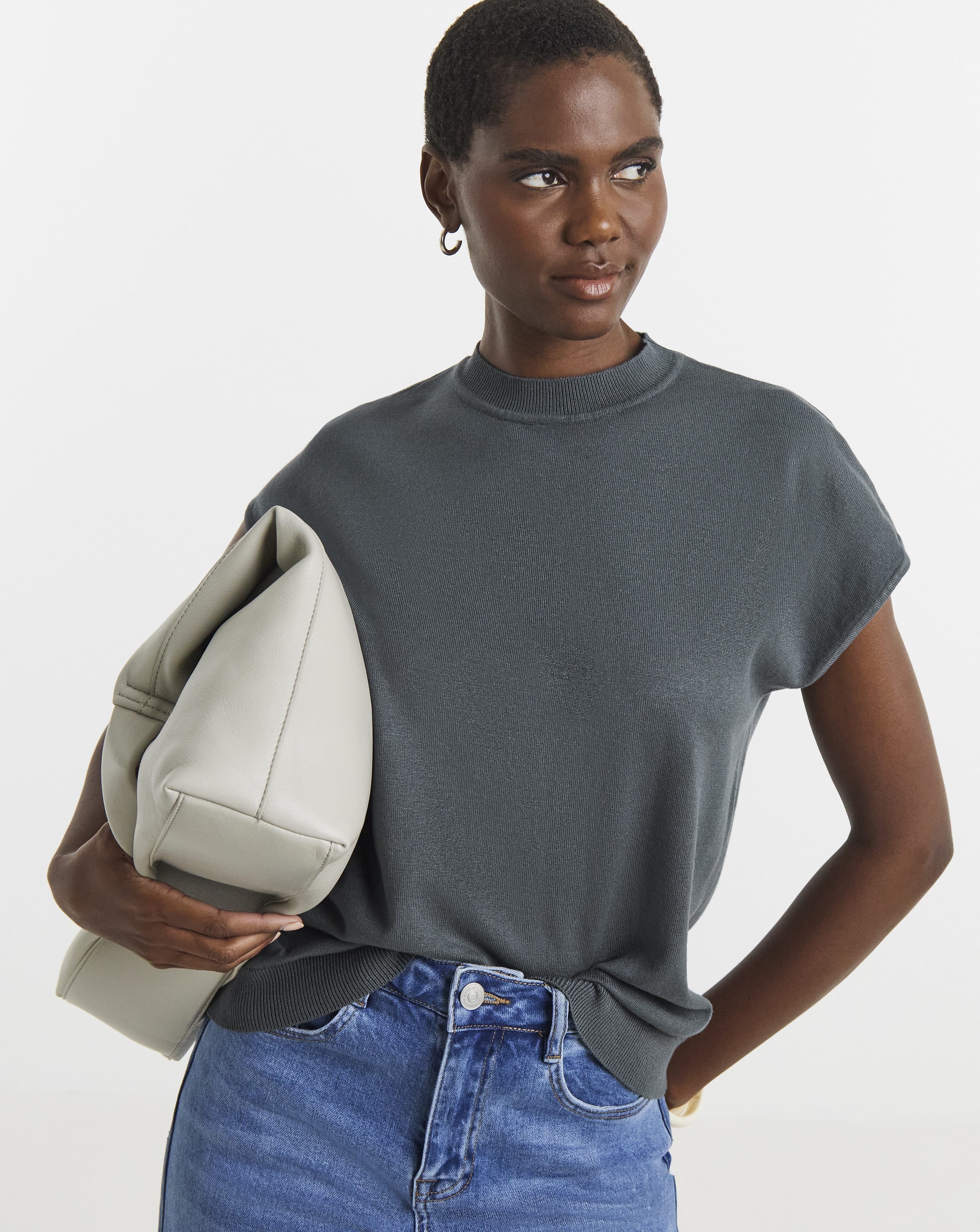 Knitted Short Sleeve Funnel Neck T-Shirt