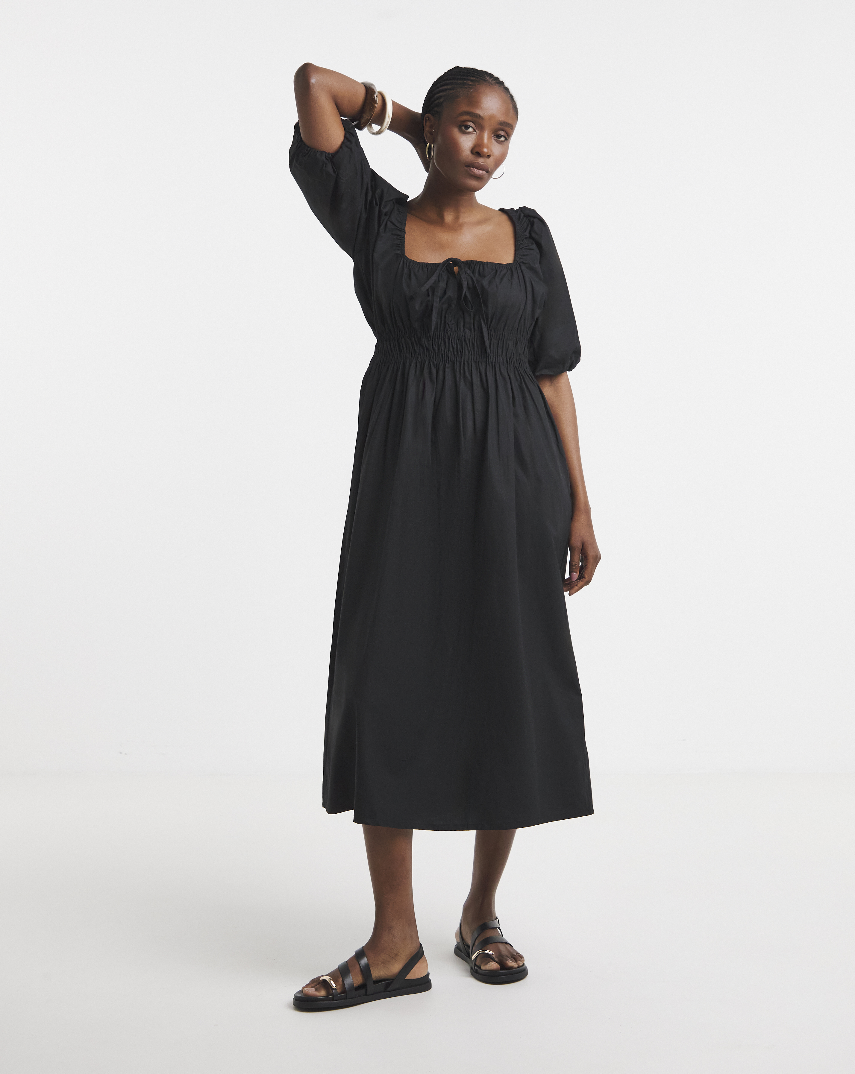 Simply Be - Women's Black Cotton Poplin Tie Front Midi Dress - Size 10 - Black - 100% Cotton