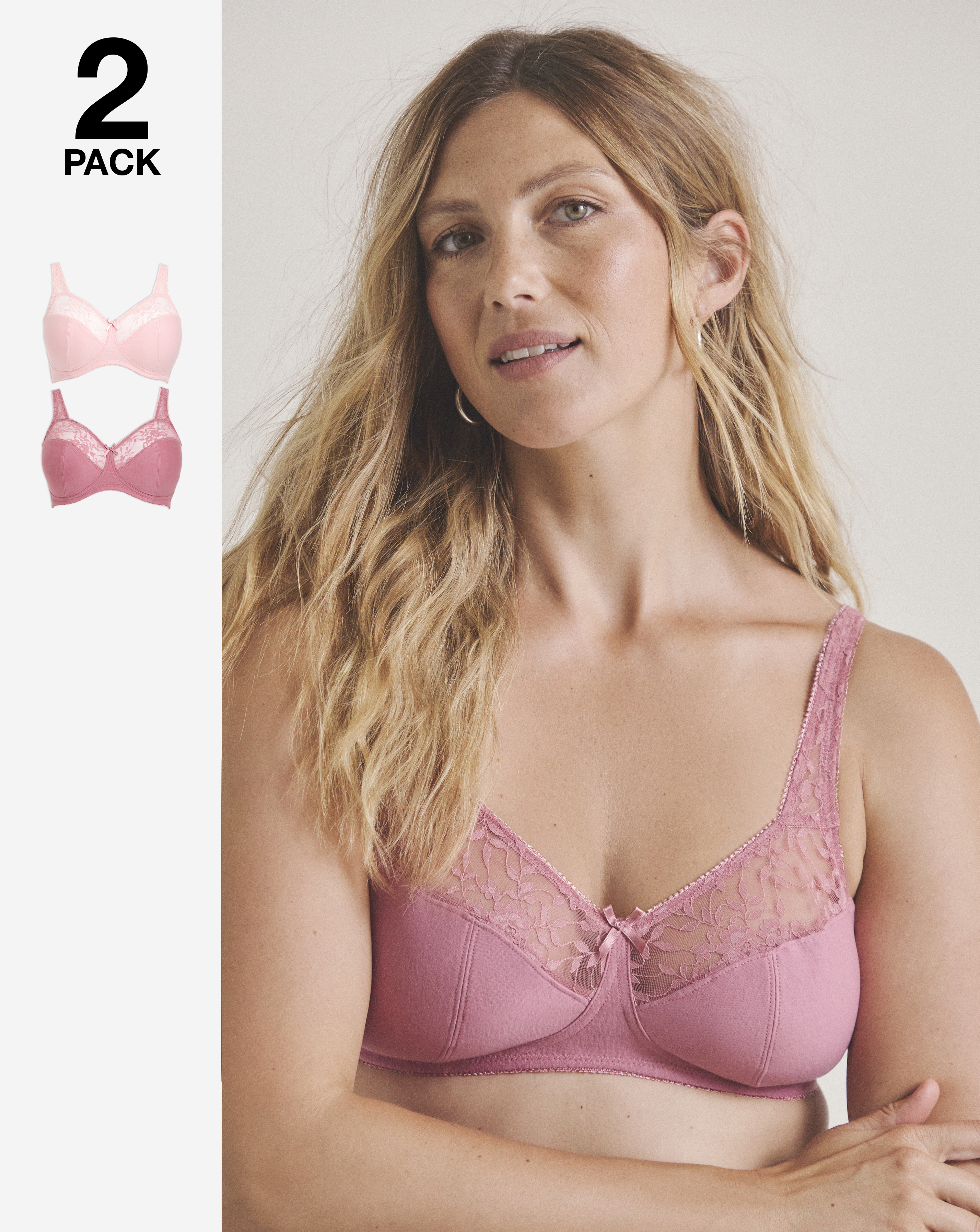 Pretty Secrets (2 Pack) Cotton Lace Non Wired Full Cup Bras (B-G) Pink Multi