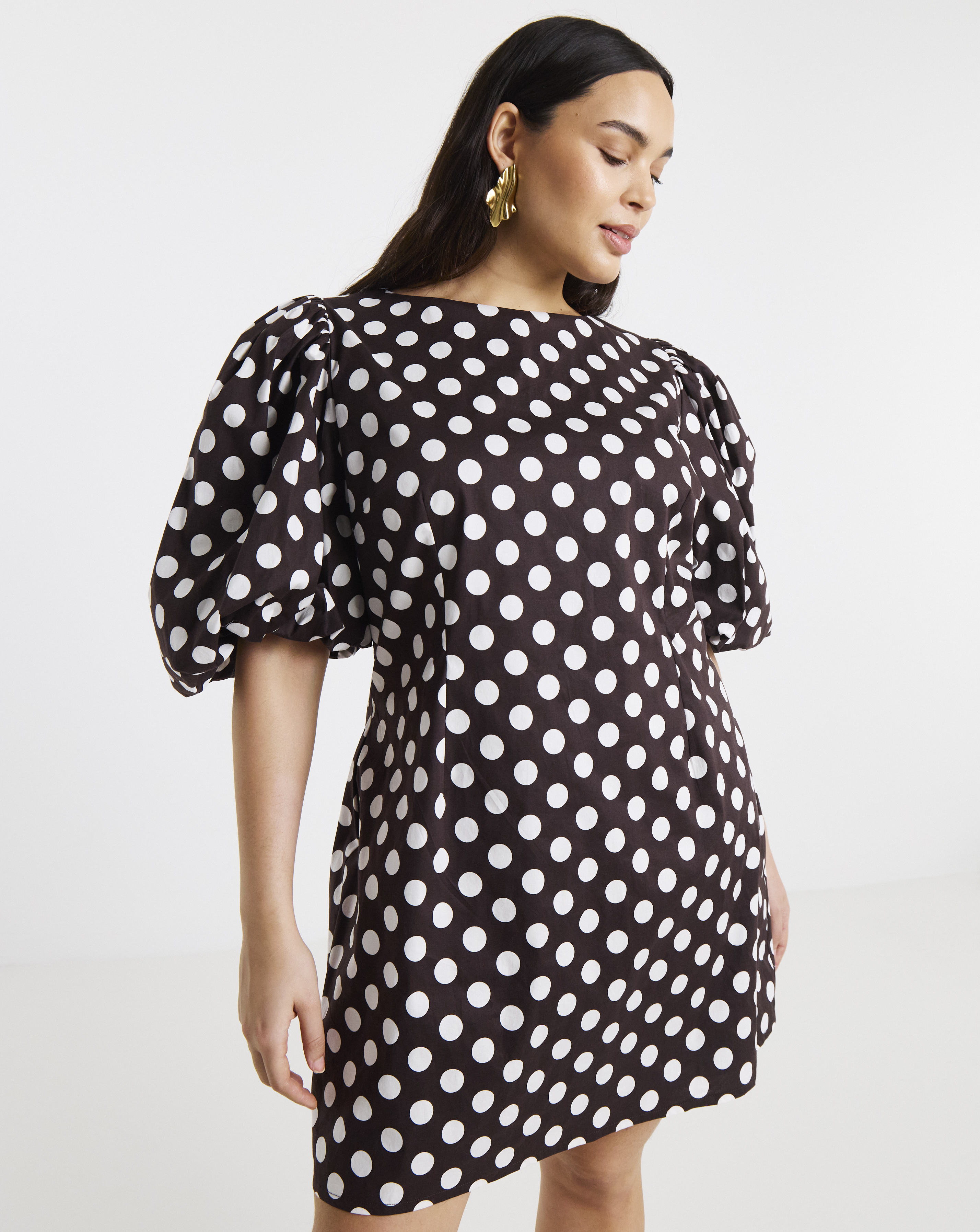 New In - Spot Print Puff Sleeve Shift Dress