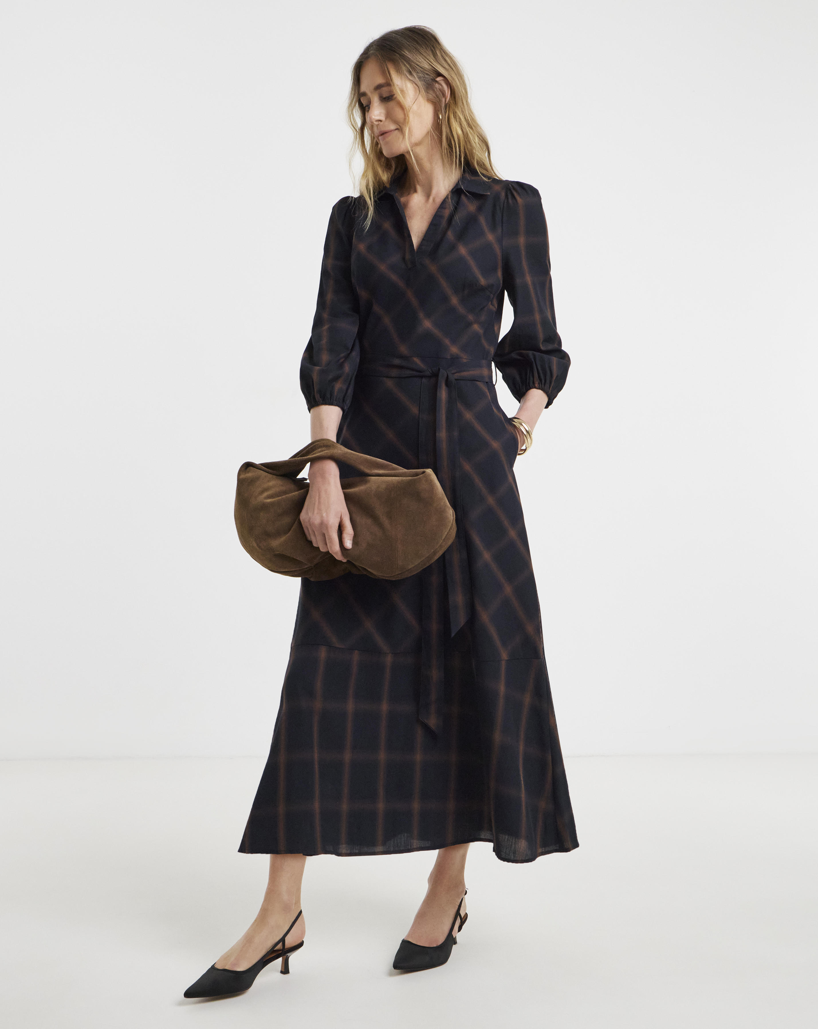 Navy Check Belted Shirt Dress
