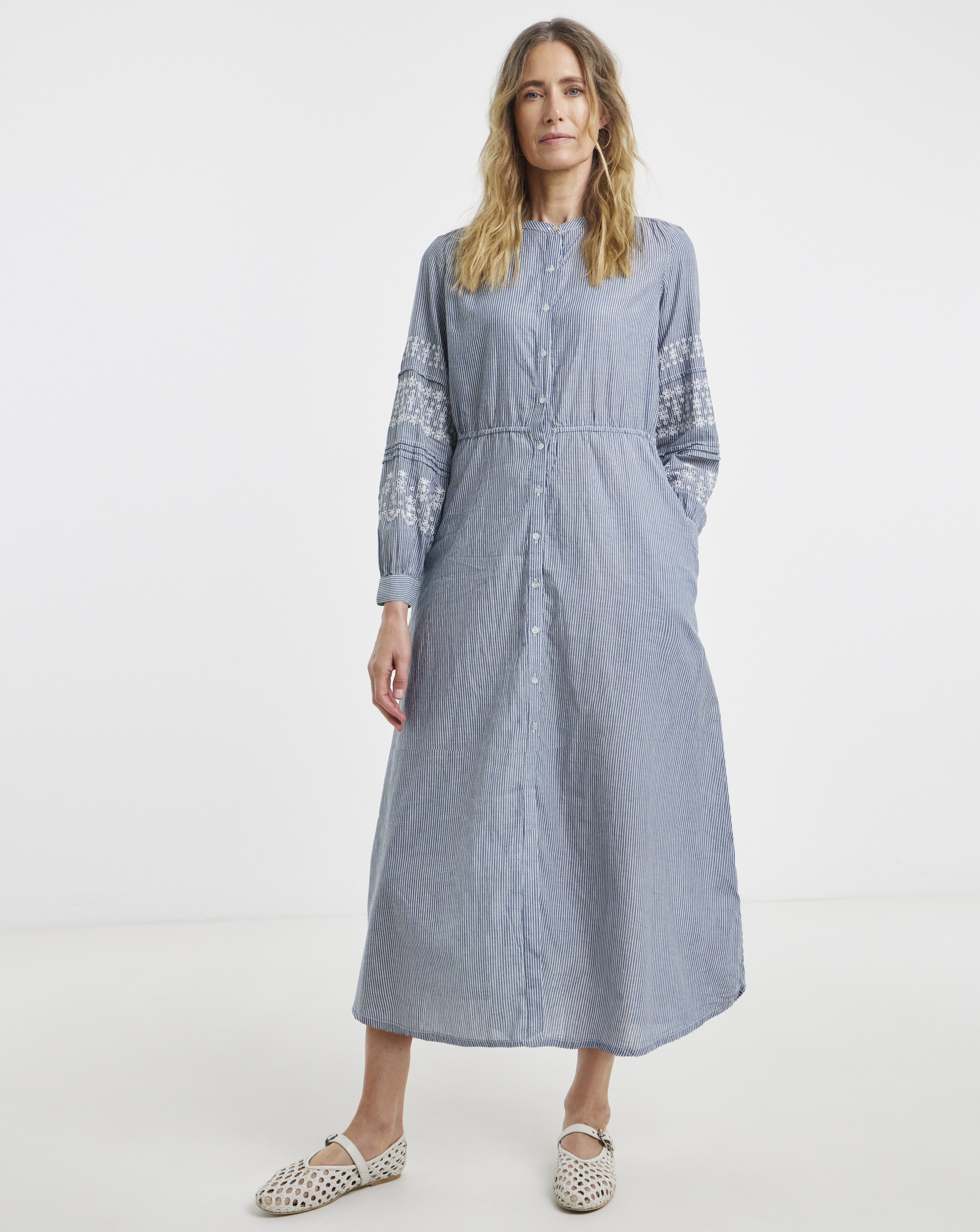 Embroidered Sleeve Button Down Dress