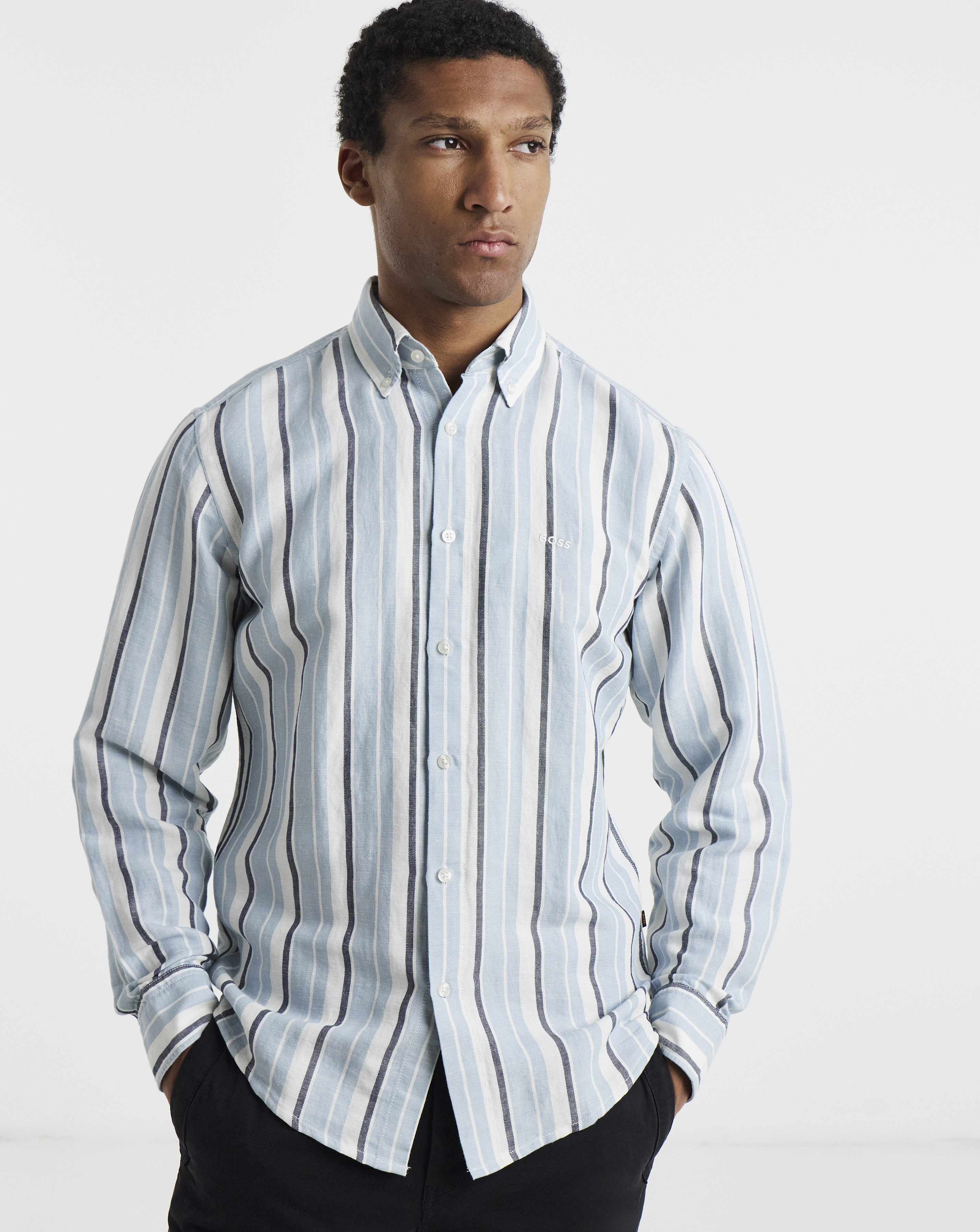 BOSS Linen Mix Stripe Shirt - Light Blue