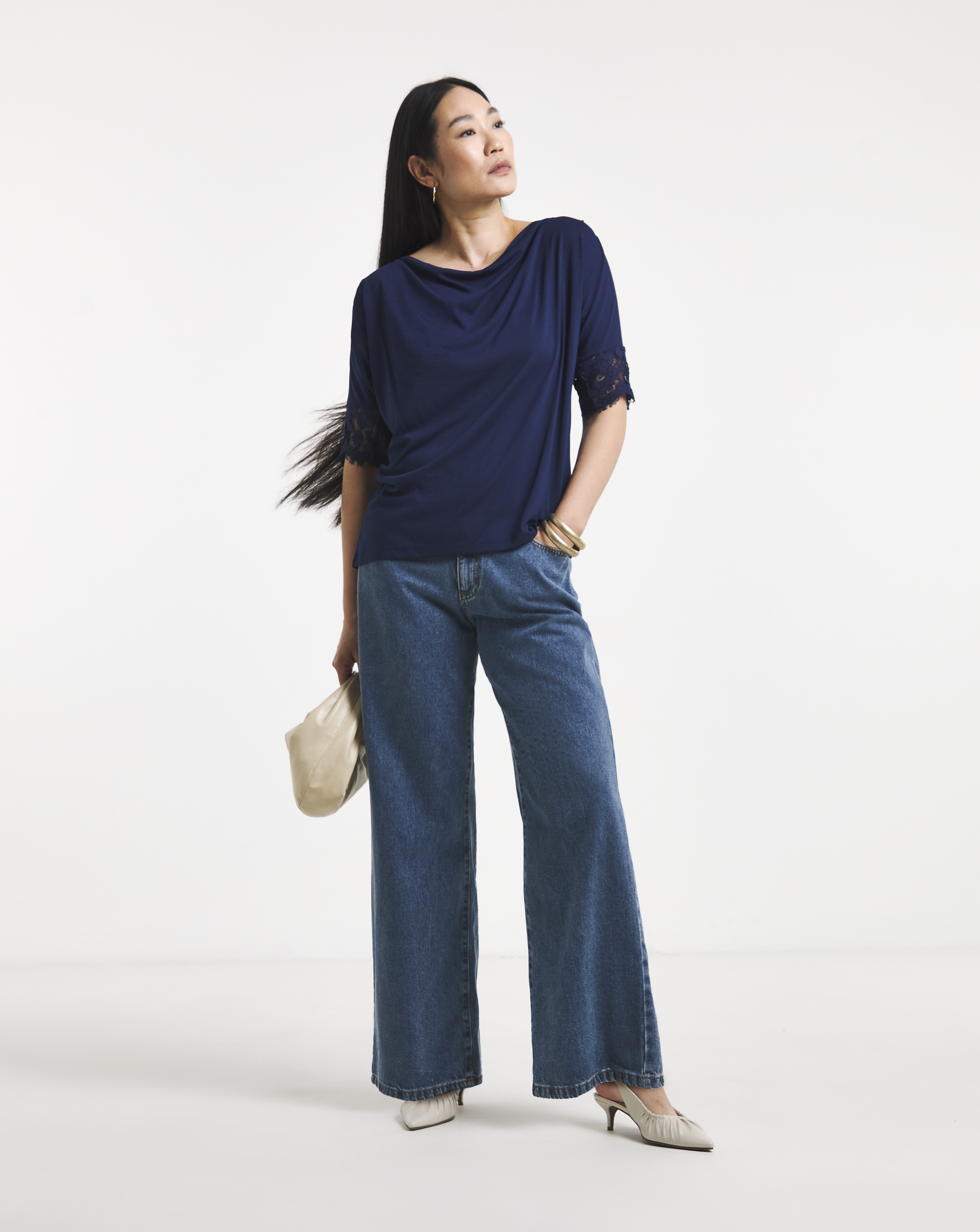 Drape Neck Lace Trim Top
