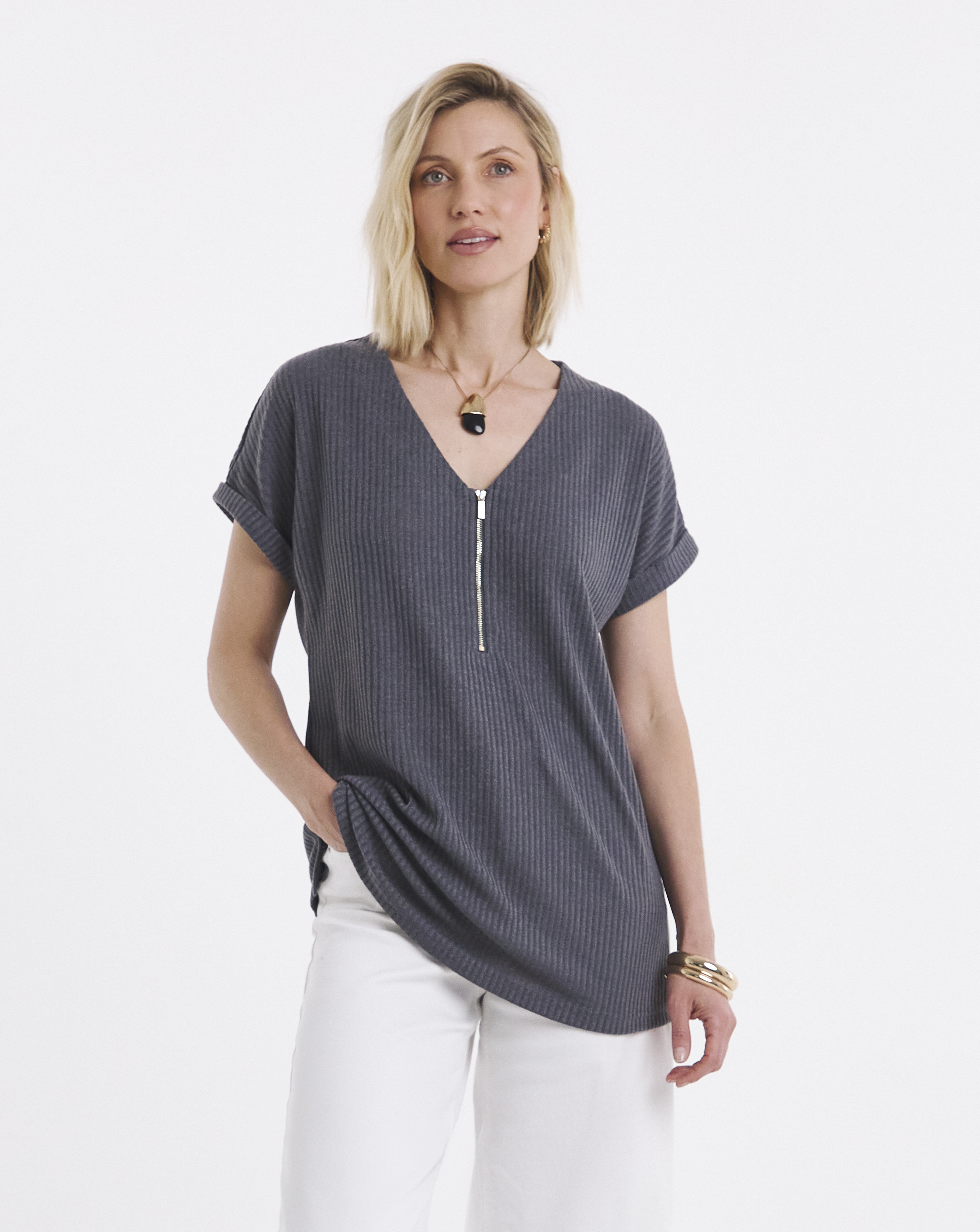 New In - V-Neck Zip Front Longline Top
