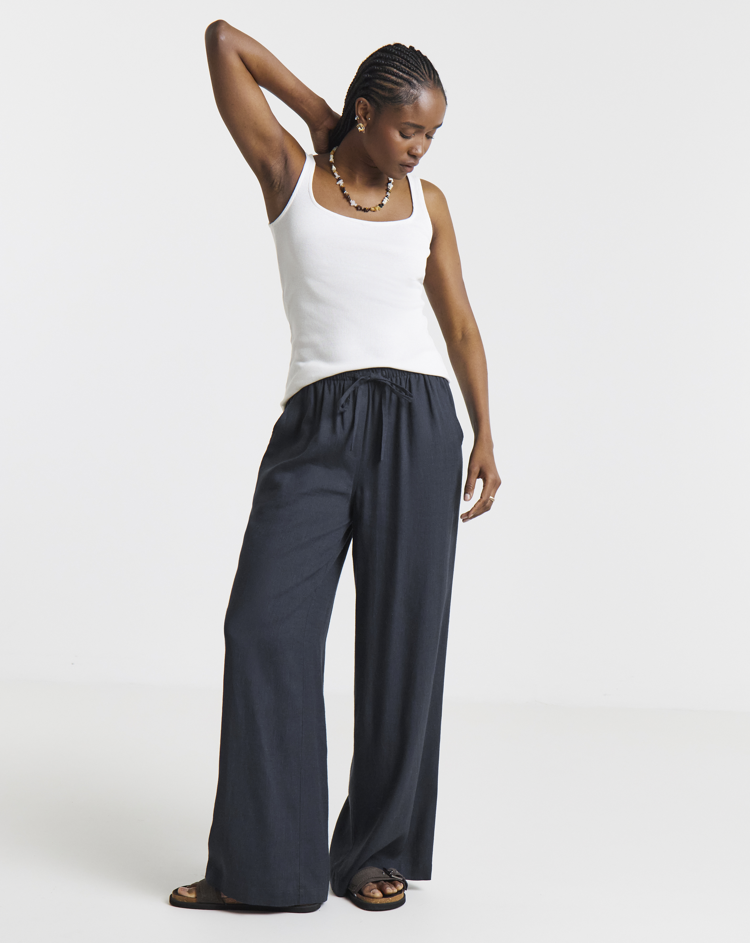 Tie Waist Wide Leg Linen Mix Trousers