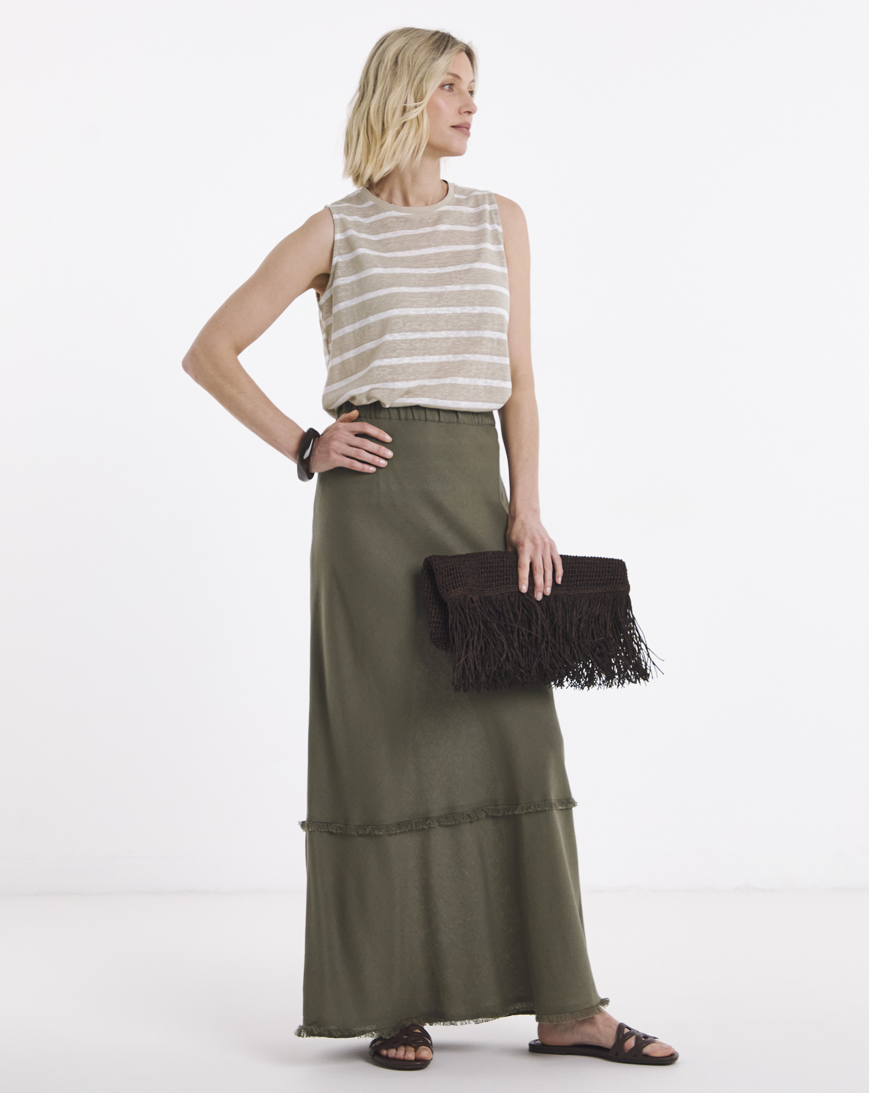 Linen Mix Frayed Hem Skirt