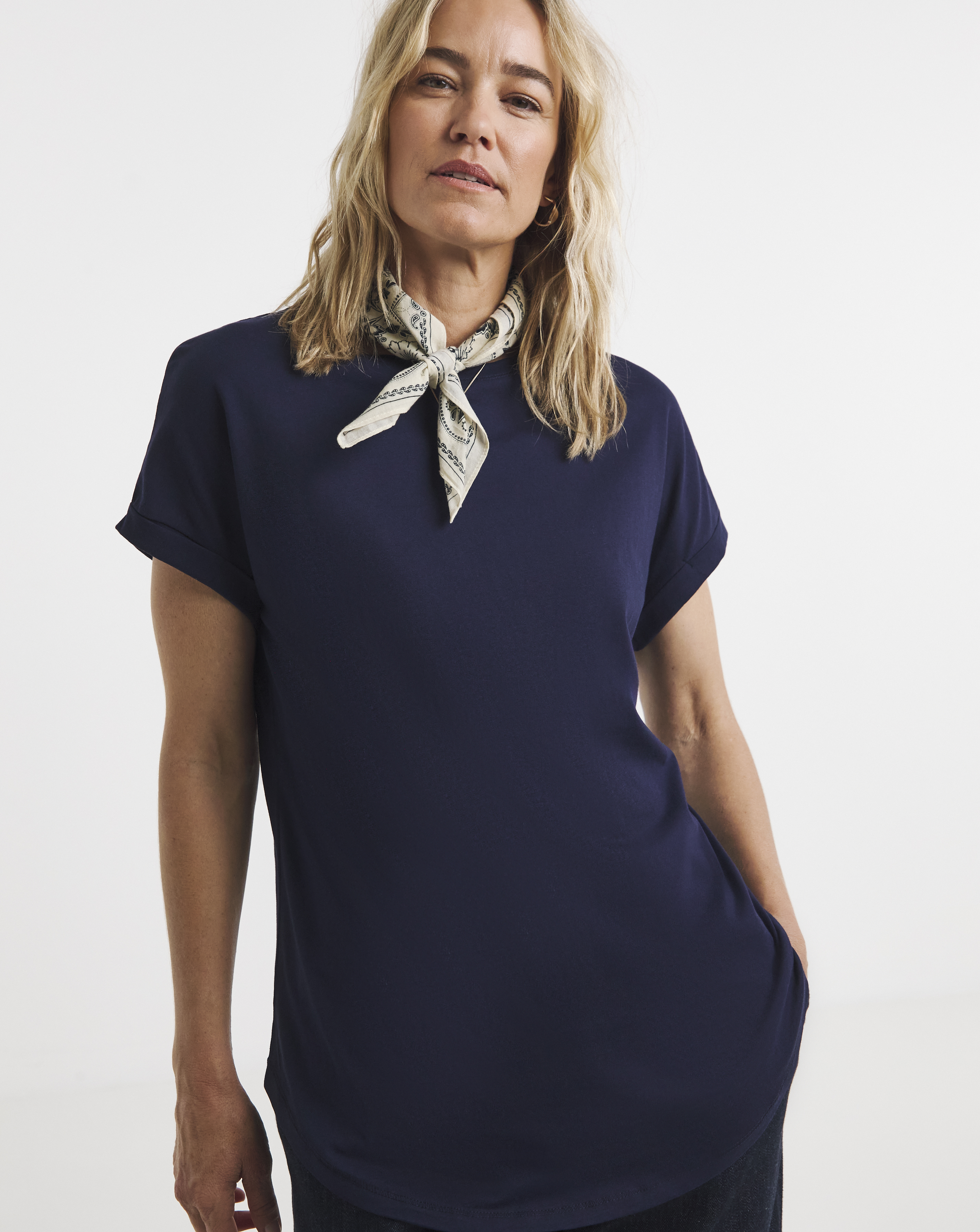 Navy Relaxed Short Sleeve Longline Top