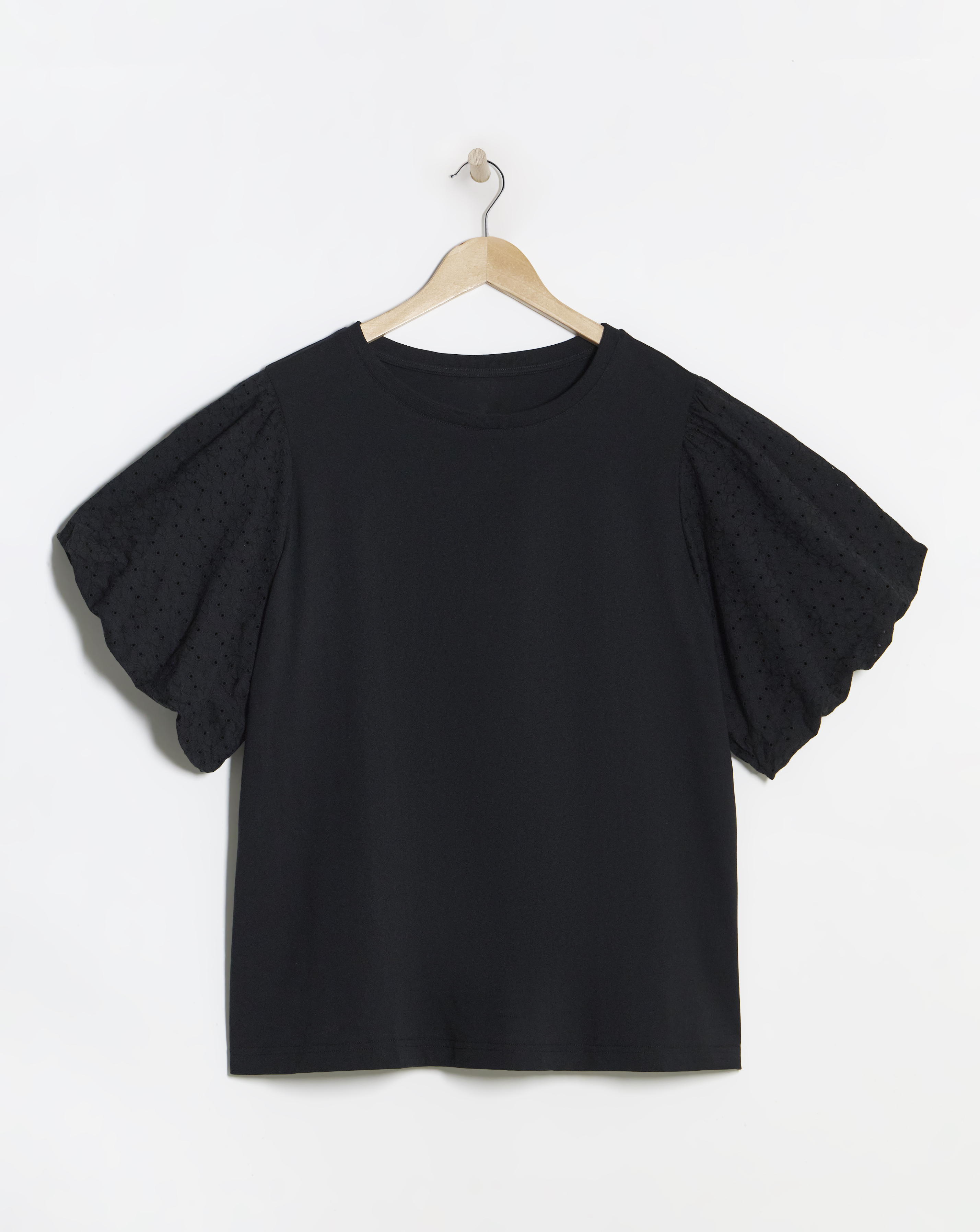 Simply Be Black Broderie Sleeve Crew Neck T-Shirt