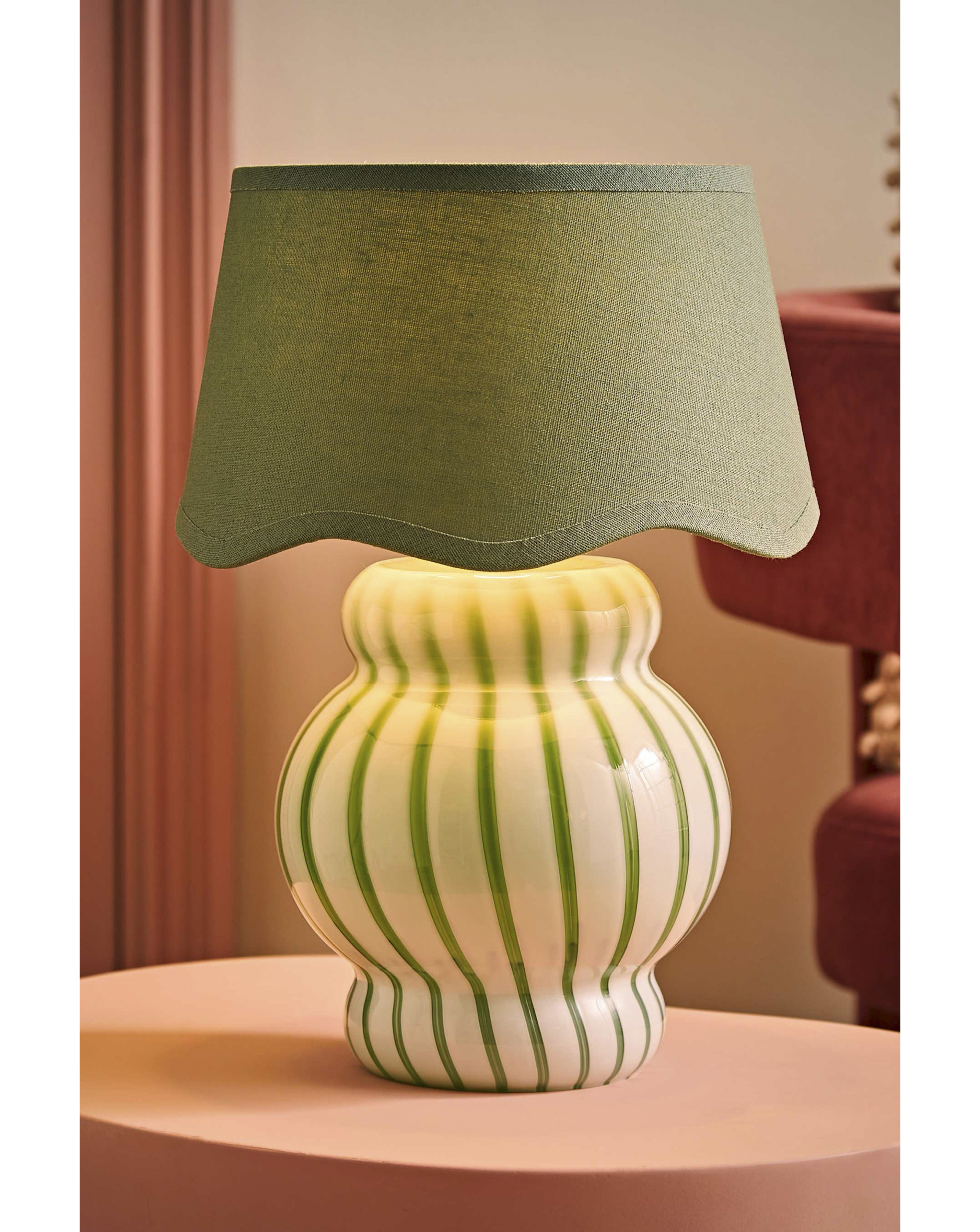 ValueLights Taffy Green Stripe Glass Table Lamp with Scallop Shade